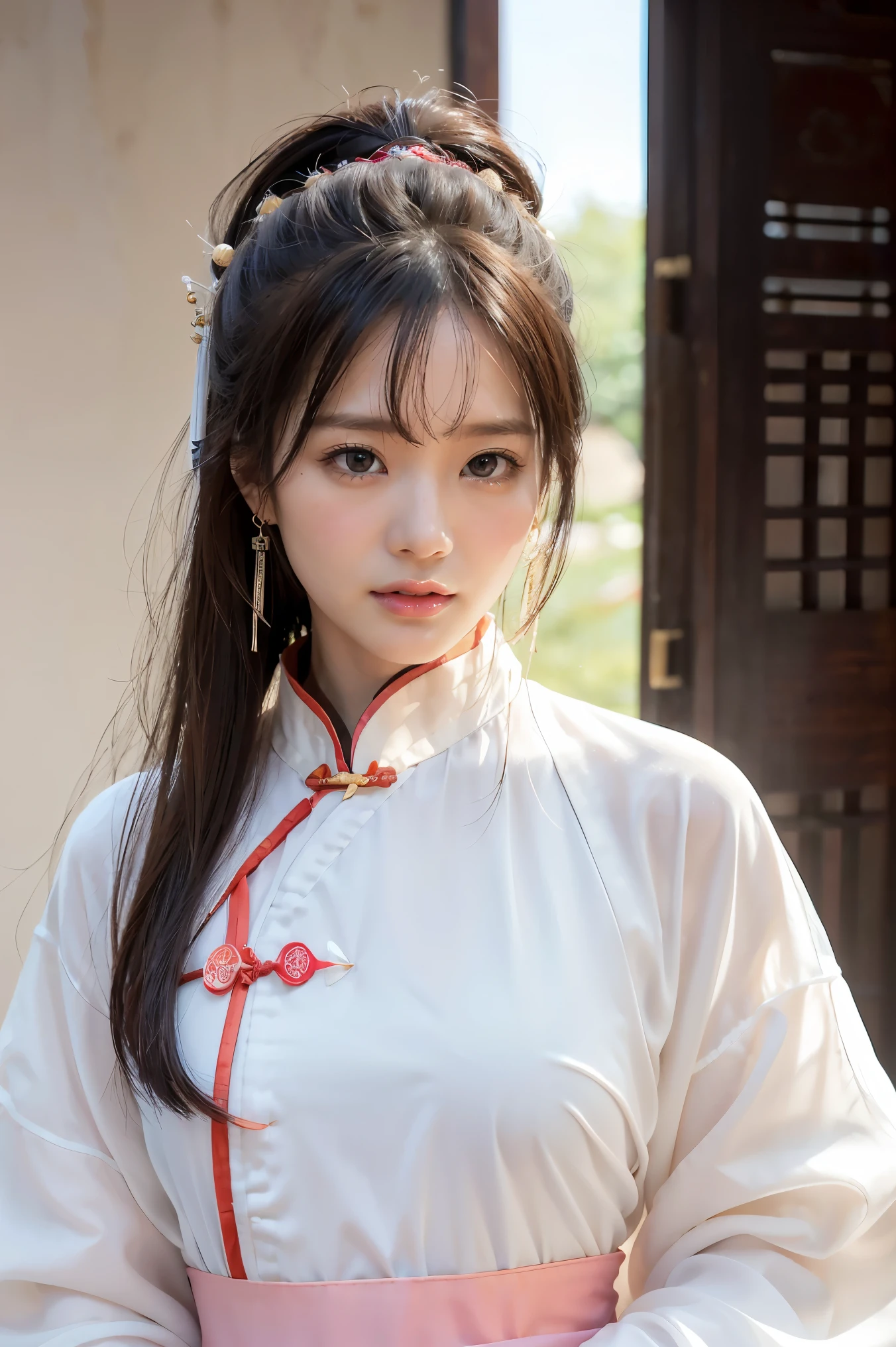 (Masterpiece, High Quality, best quality), ((Wuxia World, Xiu Sian, China Wuxia,)), (1 single girl), (gentle eyes), (Hanfu, beam of light), (hairpin, long black hair), (Hanfu), light pink lips, (young), earring, white skin, (clear facial features, Fine texture, Beautiful face, Highlight page, above waist level), white background, stand, Slim shape, 8k uh, SLR, soft light, High quality, high resolution, (Very detailed CG unity 8k wallpaper.)