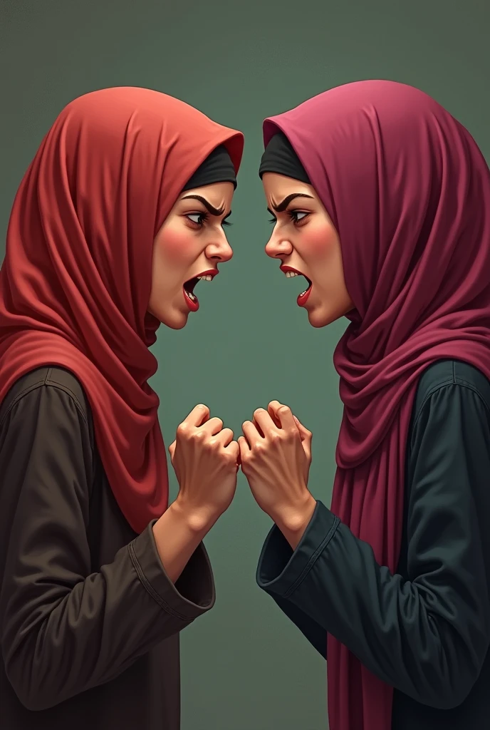 Three muslim people wearing pink hijab with angry face
