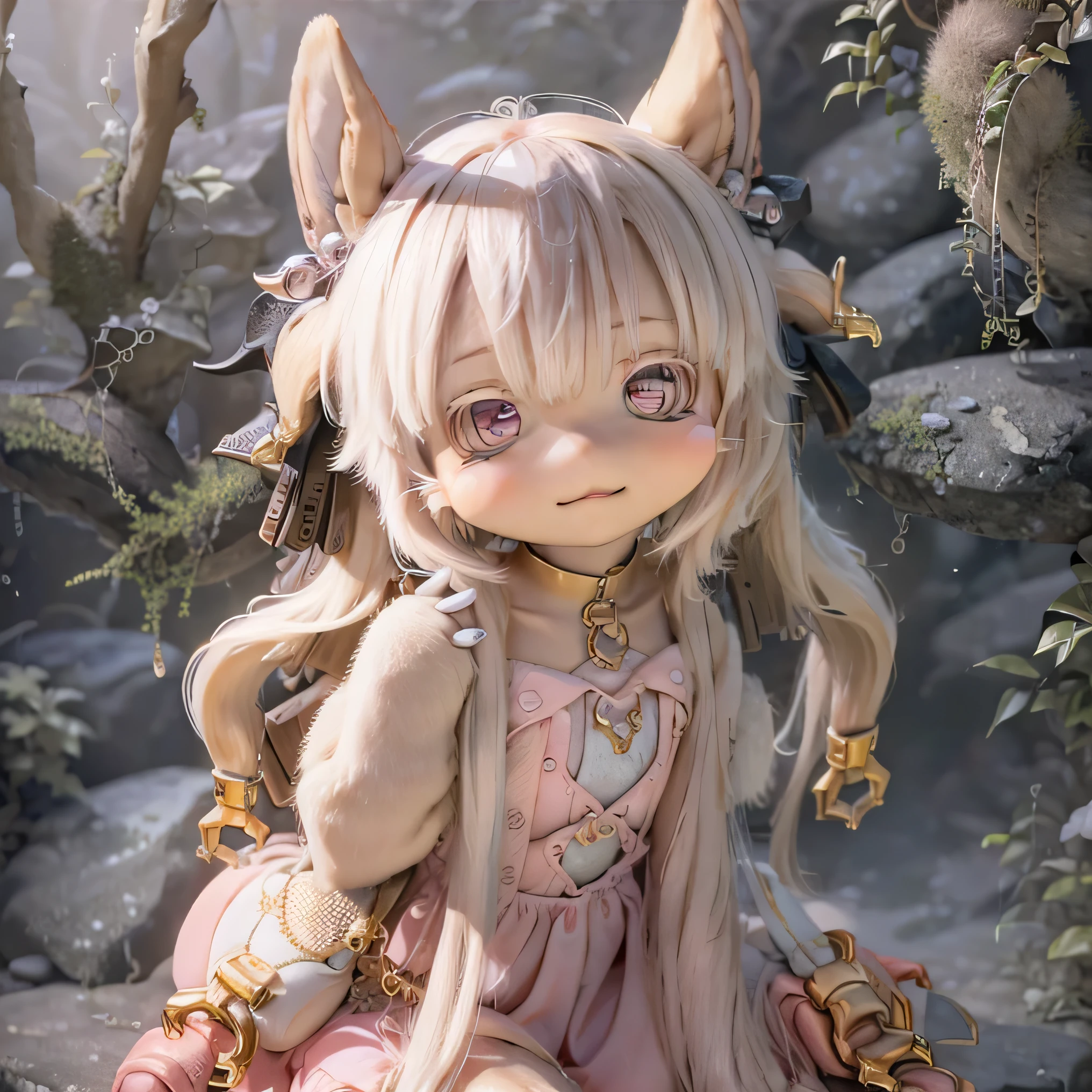 in the garden, smile, Photorealistic rendering with a warm and bright atmosphere . Similar to a forest setting , it combines , beautiful eyes and lips . (((Photorealistic rendering similar to photo-realistic rendering similar to Chibi character styles ,))) . image quality is excellent , Highly detailed and realistic features . The medium of this work is、 I created an illustration .. The colors are vivid、 illumination、 Made in Abyss 、use 。 whole body((((( cute pink dress ))))) cute pose