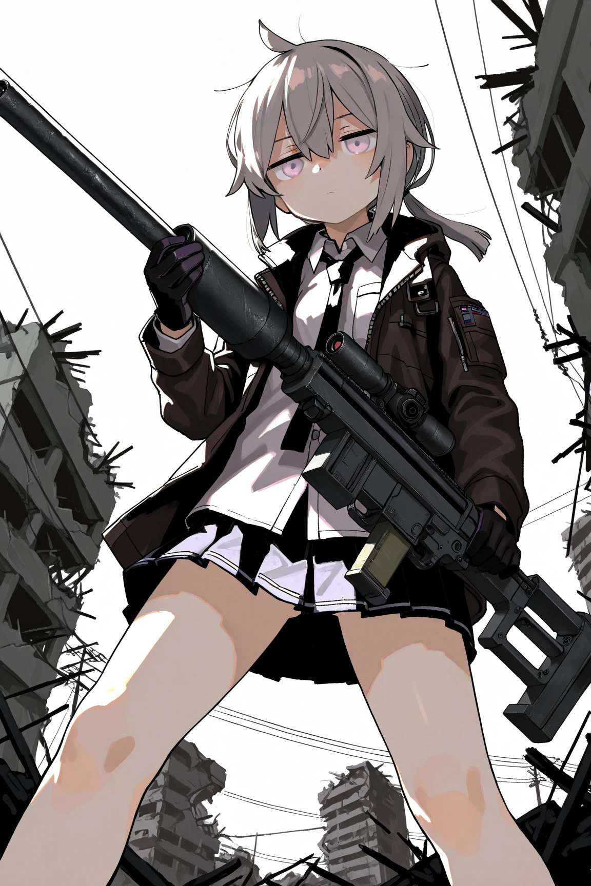 masterpiece, best quality, solo,, <lora:mtz-000007:1>, very thin, city, sniper rifle,