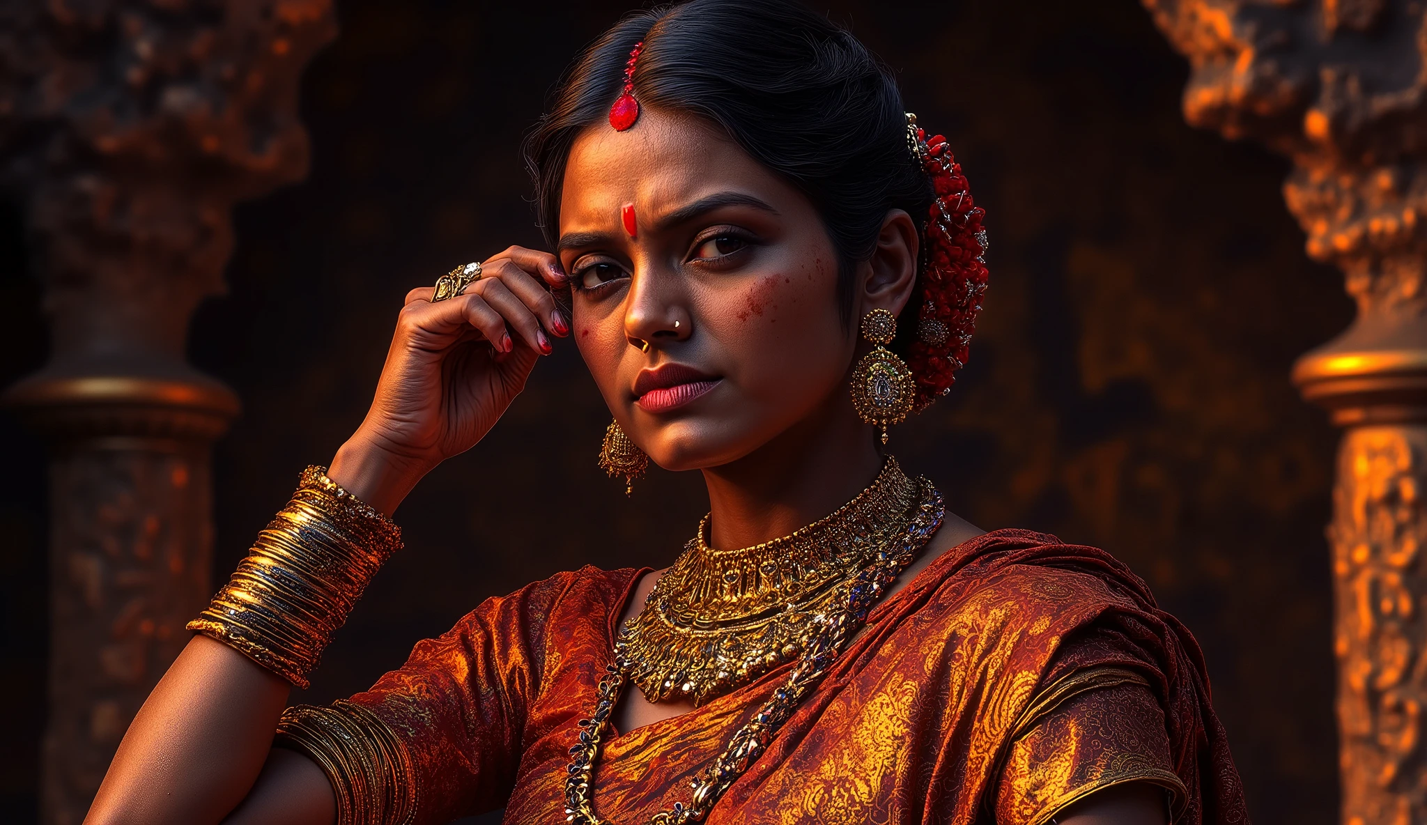 Suruchi, with light skin and a harsh expression,  Her eyes hold disdain, and she wears heavy gold bangles and a gem-encrusted necklace. Her face is filled with pride, and she is draped in an elaborate Kanjeevaram saree.
Looking at camera