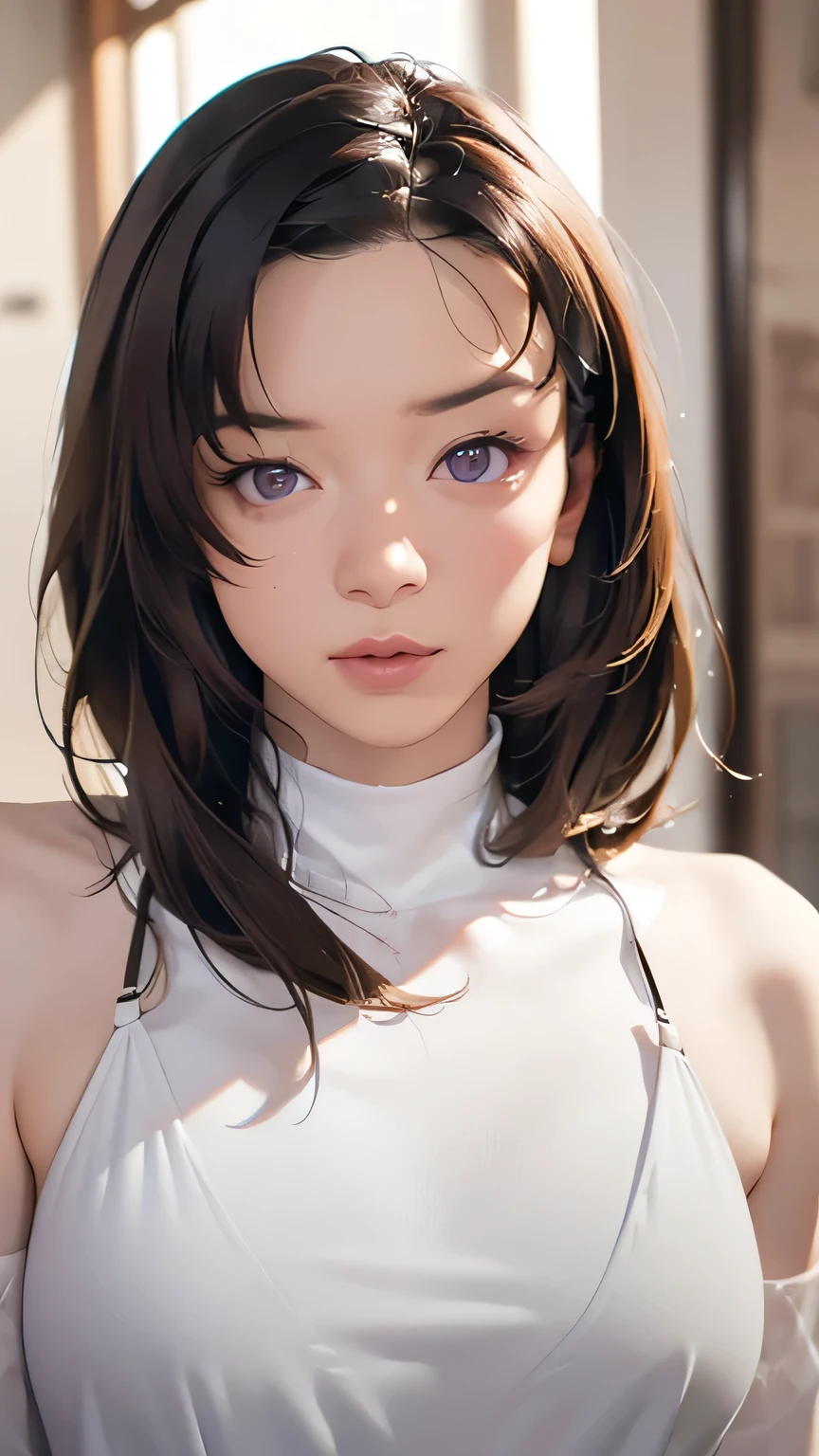 Perfect, masterpiece, (best quality, highres:1.2), 1girl, beautiful detailed eyes, beautiful detailed lips, extremely detailed eyes and face, long eyelashes, medium:oil painting, vivid colors, HDR, studio lighting, ultra-fine painting, sharp focus, physically-based rendering, extreme detail description, portraits, curvy body, big breasts, perfect shape, facing viewer, sweaty, gorgeous, arms up, sleeveless turtleneck, straddling, smiling, ((arm warmer))