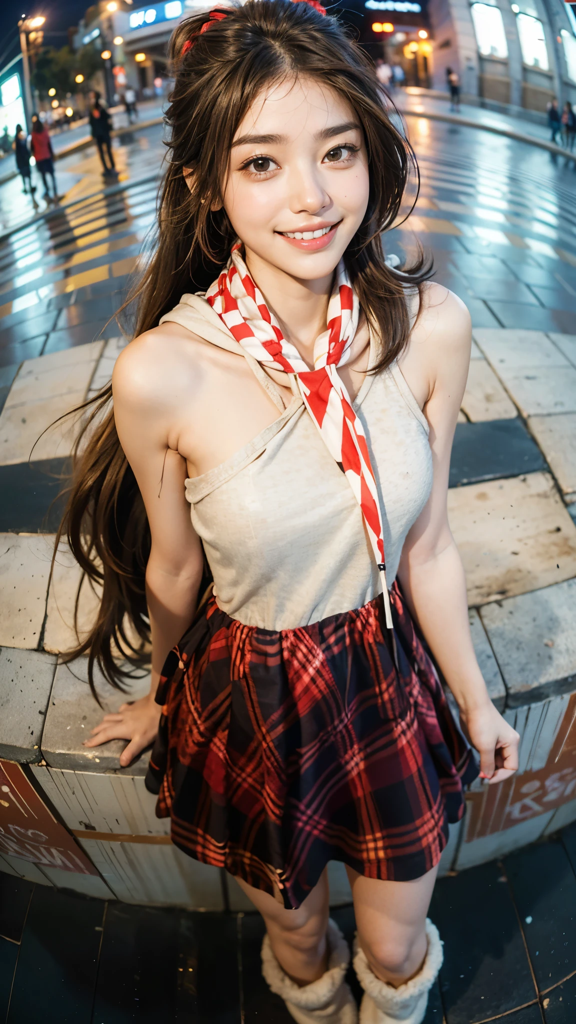 ((Highest quality)), ((masterpiece)), (detailed), Perfect Face, A 20-year-old girl who is as cute as an idol, A kind smile, very cute、Female police officer, Police uniform, はCleavageが見えるデザイン、Cleavage、I'm wearing a bra、mini skirt、((Rope Bondage))、((Red rope))、(((Sitting posture)))、Cleavage,  whole body, whole body像、City Sidewalk, Genuine stick, Genuine、Genuine