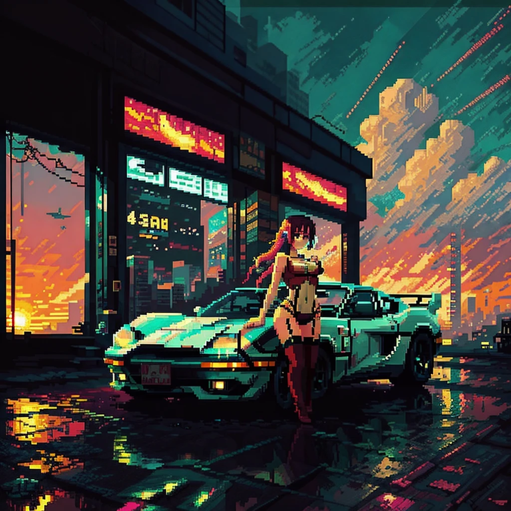 (masterpiece)+, (Best quality)+, (Complex detail)+, cyberpunk car, a sexy girl posing next to the car matte black painting, showroom concept, lens flare, camera artifact, professional photographer, 4k, HDR, longitudinal symmetry, close up on the girl