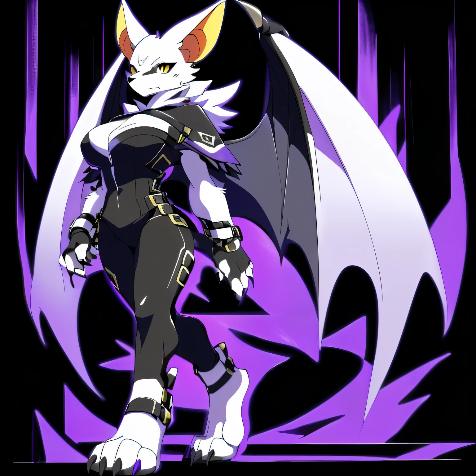 Anime, anime style, ((single person:2)), ((solo drawing:2)), ((solo:2)), ((three-quarter view)), ((Looking to the side)), ((sfw version)), ((female Anthro bat)), ((Tall figure)), ((buxom figure)), ((short white fur)), clawed hands, ((clawed paws)), ((Single Pair of Wings)), ((Huge Bat Wings)), ((Purple and black Bat Wings:1.3)), ((white bat ears)), ((wearing an intimidating outfit that is black and purple)), ((white face)), ((neutral expression)), vivid golden eyes, ((digitigrade legs)), ((digitigrade feet)), ((walking)), solid black background, highly detailed anime style, clean lines, white face, short white muzzle, white furry cheeks, white furry muzzle, ((white foot paws)), ((foot paws with four toes)), ((Claws on paws))