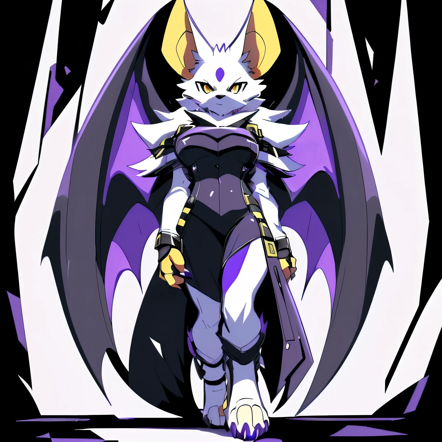 Anime, anime style, ((single person:2)), ((solo drawing:2)), ((solo:2)), ((three-quarter view)), ((Looking to the side)), ((sfw version)), ((female Anthro bat)), ((Tall figure)), ((buxom figure)), ((short white fur)), clawed hands, ((clawed paws)), ((Single Pair of Wings)), ((Huge Bat Wings)), ((Purple and black Bat Wings:1.3)), ((white bat ears)), ((wearing an intimidating outfit that is black and purple)), ((white face)), ((neutral expression)), vivid golden eyes, ((digitigrade legs)), ((digitigrade feet)), ((walking)), solid black background, highly detailed anime style, clean lines, white face, short white muzzle, white furry cheeks, white furry muzzle, ((white foot paws)), ((foot paws with four toes)), ((Claws on paws))