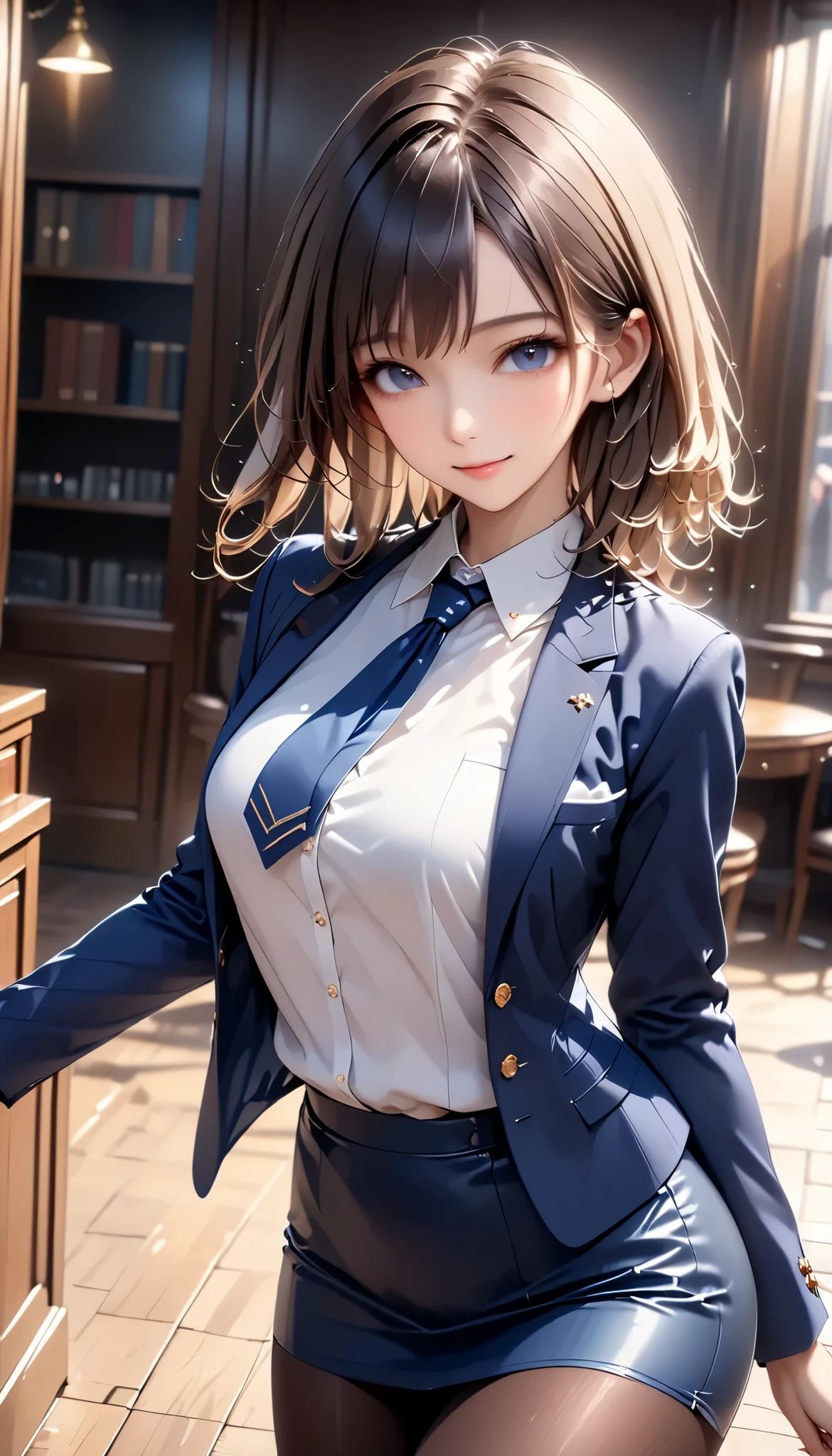 (((Female lawyer, Formal Suit Skirt , pencil skirt , pantyhose, white blouse, navy blue jacket,))), skinny, Alone, female 1, Masterpiece, best quality , best quality , 16k, Incredibly Dumb , very detailed on trends , 2.5D, AI-generated, delicate and dynamic , Very Delicate Expression , delicate eye depiction , erotic , only sexy woman, (( cute and kind face )), Healthy body shape, (( 25 year old woman)), Height: 160cm, Shaking Bust of Medium Hardness ,, , sweat, embarrassing, sexy, (( Thin Thighs)), ( erect nipples:0.9), shiny, Standing Picture of Shots Above the Shins , smile, (( oily_skin)), (( Dutch angle peeking out of camera)), (( erotic pose)), where the texture of bare skin can be seen through , fashion model style DJ, (close-up),