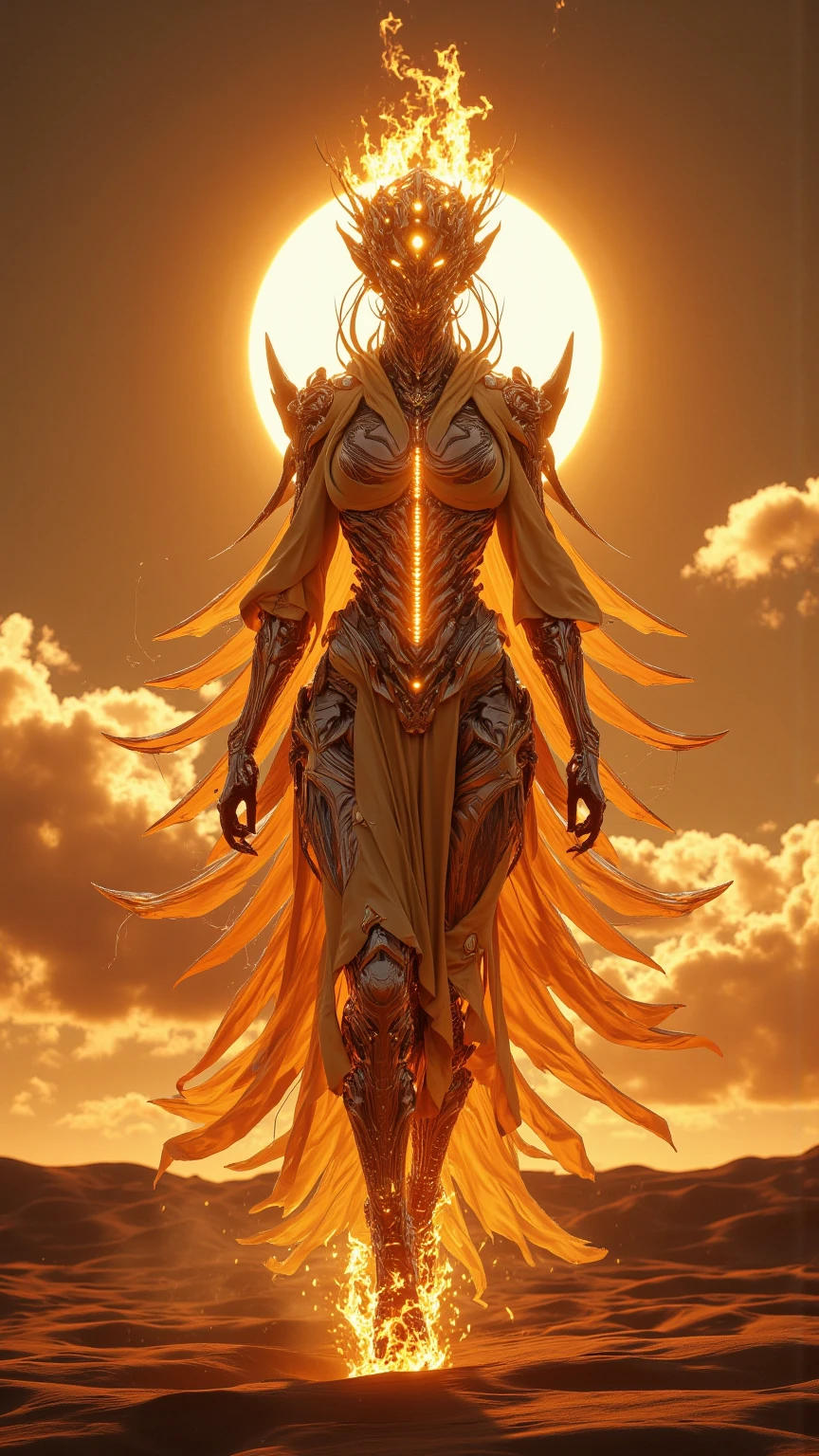 In a sun-scorched desert , An endless golden desert extends to the horizon , Air because of the high temperature and the flickering glow 。 A fire elemental genie walks from the ghostly dunes, Her form is filled with an essence of elemental fire ,Skin with a faint glow 。