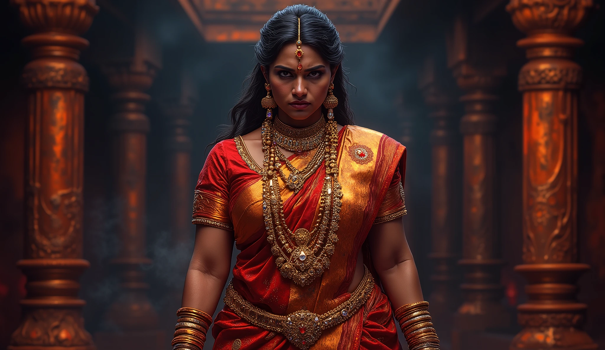 Suruchi, with light skin and a harsh expression, Her eyes hold disdain, and she wears heavy gold bangles and a gem-encrusted necklace. Her face is filled with pride, and she is draped in an elaborate Kanjeevaram saree.big boobs
Looking at camera walking