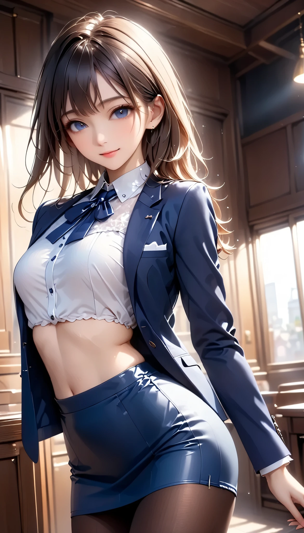 (((Female lawyer, Formal Suit Skirt , pencil skirt , pantyhose, white blouse, navy blue jacket,))), skinny, Alone, female 1, Masterpiece, best quality , best quality , 16k, Incredibly Dumb , very detailed on trends , 2.5D, AI-generated, delicate and dynamic , Very Delicate Expression , delicate eye depiction , erotic , only sexy woman, (( cute and kind face )), Healthy body shape, (( 25 year old woman)), Height: 160cm, Shaking Bust of Medium Hardness ,, , sweat, embarrassing, sexy, (( Thin Thighs)), ( erect nipples:0.9), shiny, Standing Picture of Shots Above the Shins , smile, (( oily_skin)), (( Dutch angle peeking out of camera)), (( erotic pose)), where the texture of bare skin can be seen through , fashion model style DJ, (close-up),