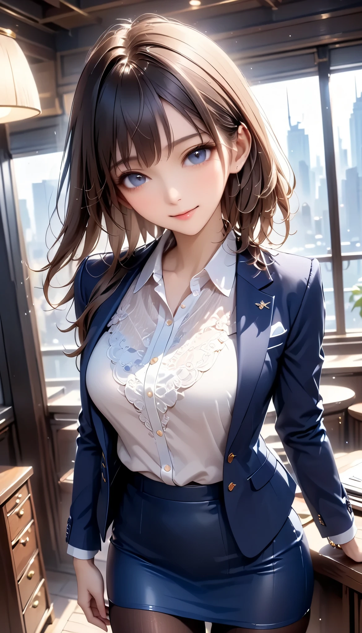(((Female lawyer, Formal Suit Skirt , pencil skirt , pantyhose, white blouse, navy blue jacket,))), skinny, Alone, female 1, Masterpiece, best quality , best quality , 16k, Incredibly Dumb , very detailed on trends , 2.5D, AI-generated, delicate and dynamic , Very Delicate Expression , delicate eye depiction , erotic , only sexy woman, (( cute and kind face )), Healthy body shape, (( 25 year old woman)), Height: 160cm, Shaking Bust of Medium Hardness ,, , sweat, embarrassing, sexy, (( Thin Thighs)), ( erect nipples:0.9), shiny, Standing Picture of Shots Above the Shins , smile, (( oily_skin)), (( Dutch angle peeking out of camera)), (( erotic pose)), where the texture of bare skin can be seen through , fashion model style DJ, (close-up),