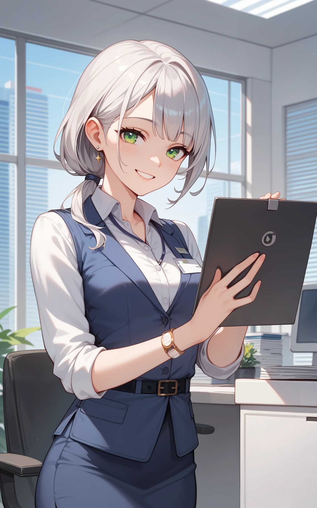((masterpiece)),
((best quality)), 
((high quality)), 
((ultra high res)), 
((female)), 
((smile)), ((office worker)), silver hair, low ponytail,Green eye, small breast