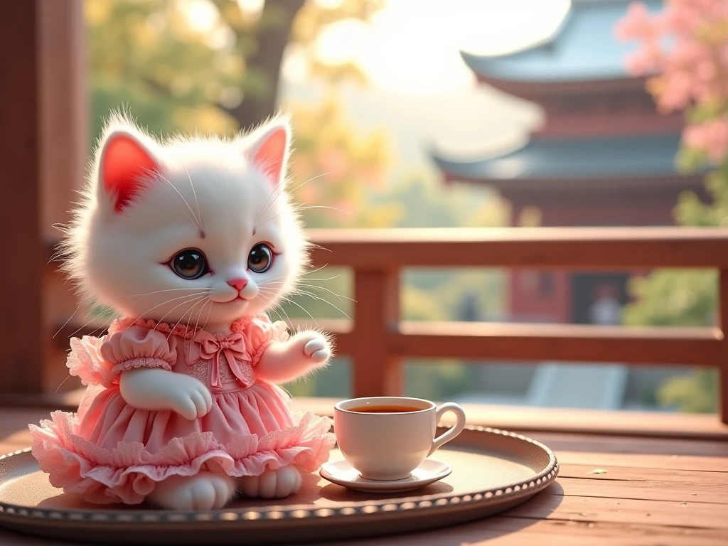 The cutest white kitten in the world wearing a pink gothic lolita dress drinking tea on the veranda of a shrine、((Realistic:1.3))、Warm sunlight 、 heartwarming atmosphere、smile、Pastoral、