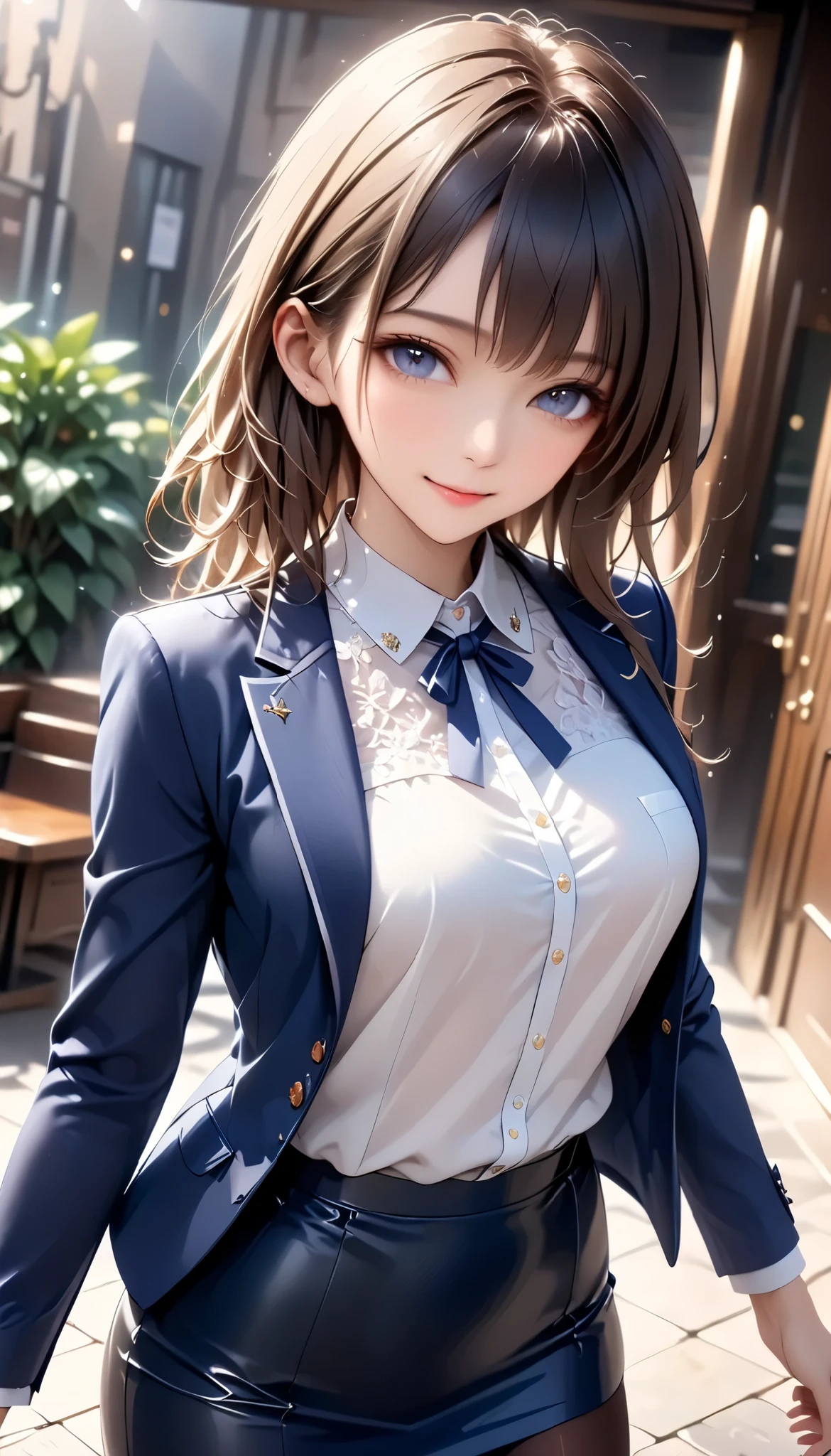 (((Female lawyer, Formal Suit Skirt , pencil skirt , pantyhose, white blouse, navy blue jacket,))), skinny, Alone, female 1, Masterpiece, best quality , best quality , 16k, Incredibly Dumb , very detailed on trends , 2.5D, AI-generated, delicate and dynamic , Very Delicate Expression , delicate eye depiction , erotic , only sexy woman, (( cute and kind face )), Healthy body shape, (( 25 year old woman)), Height: 160cm, Shaking Bust of Medium Hardness ,, , sweat, embarrassing, sexy, (( Thin Thighs)), ( erect nipples:0.9), shiny, Standing Picture of Shots Above the Shins , smile, (( oily_skin)), (( Dutch angle peeking out of camera)), (( erotic pose)), where the texture of bare skin can be seen through , fashion model style DJ, (close-up),