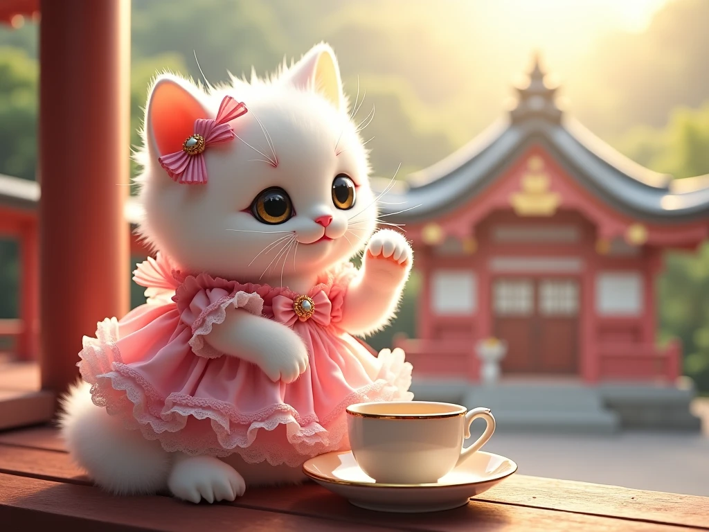 The cutest white kitten in the world wearing a pink gothic lolita dress drinking tea on the veranda of a shrine、((Realistic:1.3))、Warm sunlight 、 heartwarming atmosphere、smile、Pastoral、
