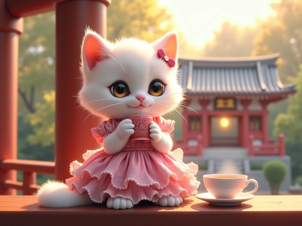 The cutest white kitten in the world wearing a pink gothic lolita dress drinking tea on the veranda of a shrine、((Realistic:1.3))、Warm sunlight 、 heartwarming atmosphere、smile、Pastoral、