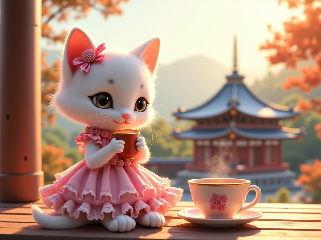 The cutest white kitten in the world wearing a pink gothic lolita dress drinking tea on the veranda of a shrine、((Realistic:1.3))、Warm sunlight 、 heartwarming atmosphere、smile、Pastoral、