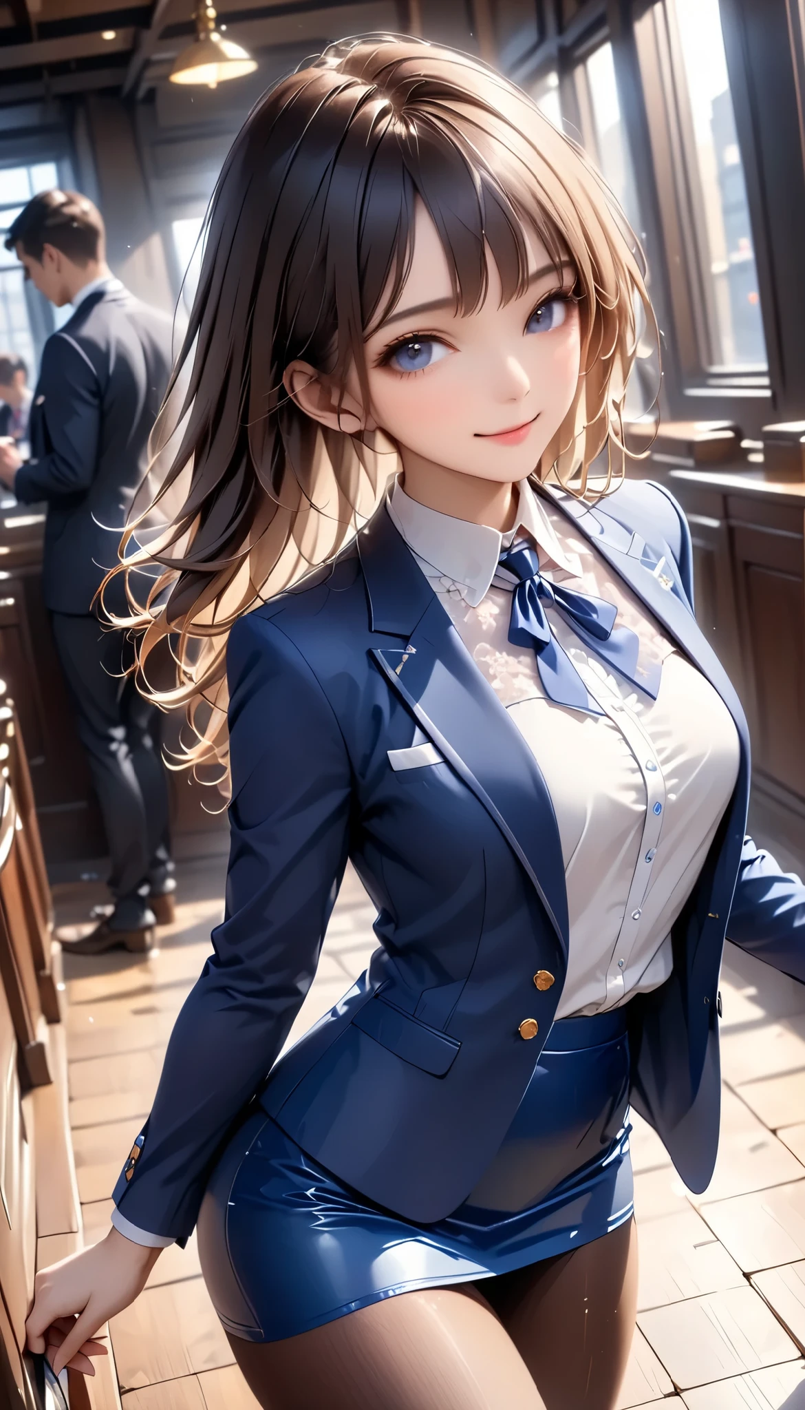 (((Female lawyer, Formal Suit Skirt , pencil skirt , pantyhose, white blouse, navy blue jacket,))), skinny, Alone, female 1, Masterpiece, best quality , best quality , 16k, Incredibly Dumb , very detailed on trends , 2.5D, AI-generated, delicate and dynamic , Very Delicate Expression , delicate eye depiction , erotic , only sexy woman, (( cute and kind face )), Healthy body shape, (( 25 year old woman)), Height: 160cm, Shaking Bust of Medium Hardness ,, , sweat, embarrassing, sexy, (( Thin Thighs)), ( erect nipples:0.9), shiny, Standing Picture of Shots Above the Shins , smile, (( oily_skin)), (( Dutch angle peeking out of camera)), (( erotic pose)), where the texture of bare skin can be seen through , fashion model style DJ, (close-up),