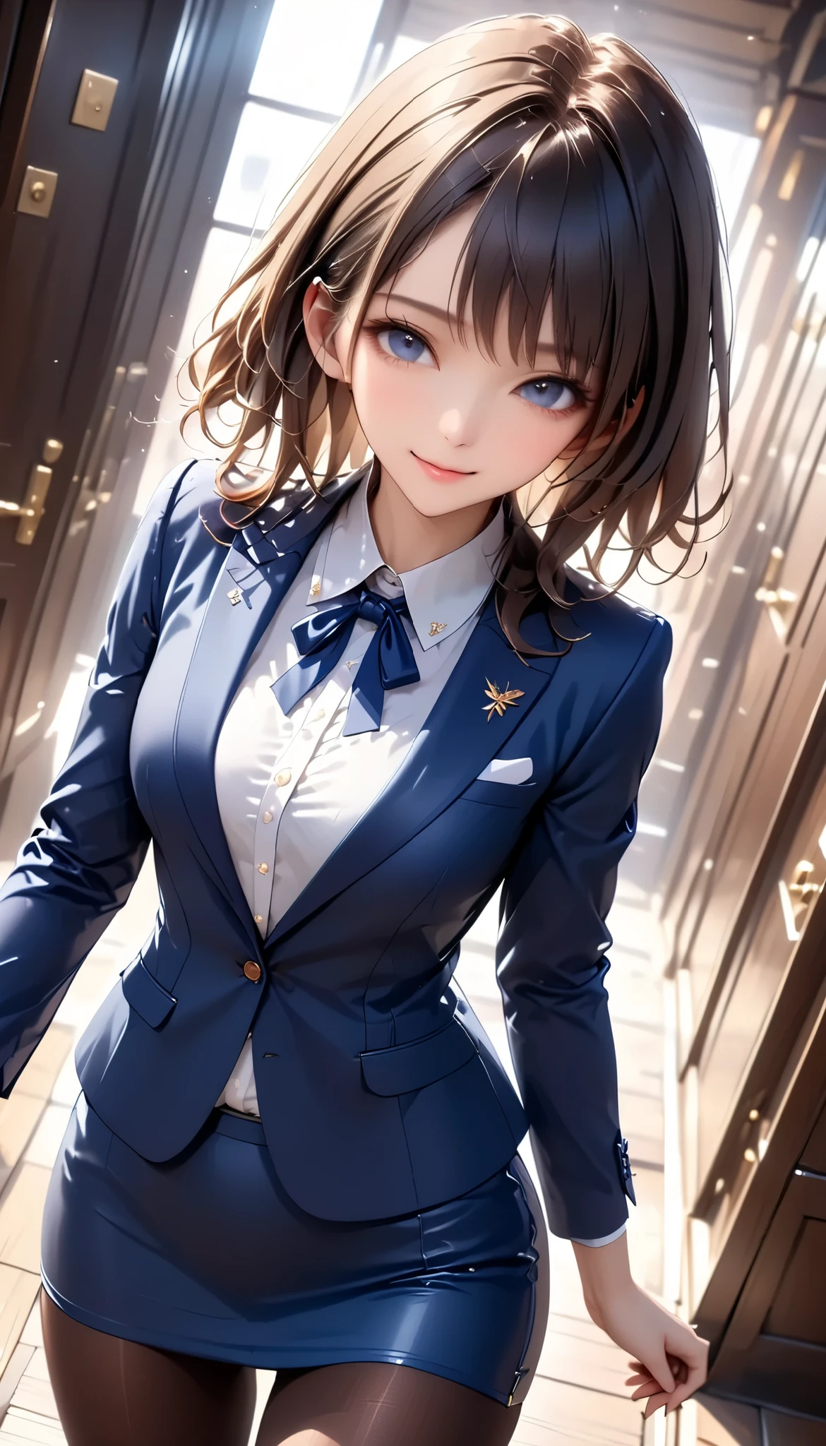 (((Female lawyer, Formal Suit Skirt , pencil skirt , pantyhose, white blouse, navy blue jacket,))), skinny, Alone, female 1, Masterpiece, best quality , best quality , 16k, Incredibly Dumb , very detailed on trends , 2.5D, AI-generated, delicate and dynamic , Very Delicate Expression , delicate eye depiction , erotic , only sexy woman, (( cute and kind face )), Healthy body shape, (( 25 year old woman)), Height: 160cm, Shaking Bust of Medium Hardness ,, , sweat, embarrassing, sexy, (( Thin Thighs)), ( erect nipples:0.9), shiny, Standing Picture of Shots Above the Shins , smile, (( oily_skin)), (( Dutch angle peeking out of camera)), (( erotic pose)), where the texture of bare skin can be seen through , fashion model style DJ, (close-up),
