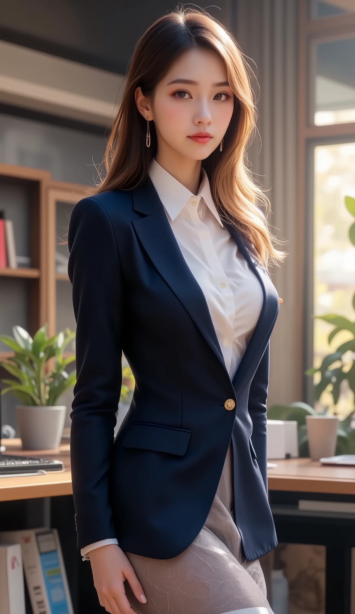(((Female lawyer, Formal Suit Skirt , pencil skirt , pantyhose, white blouse, navy blue jacket,))), skinny, Alone, female 1, Masterpiece, best quality , best quality , 16k, Incredibly Dumb , very detailed on trends , 2.5D, AI-generated, delicate and dynamic , Very Delicate Expression , delicate eye depiction , erotic , only sexy woman, (( cute and kind face )), Healthy body shape, (( 25 year old woman)), Height: 160cm, Shaking Bust of Medium Hardness ,, , sweat, embarrassing, sexy, (( Thin Thighs)), ( erect nipples:0.9), shiny, Standing Picture of Shots Above the Shins , smile, (( oily_skin)), (( Dutch angle peeking out of camera)), (( erotic pose)), where the texture of bare skin can be seen through , fashion model style DJ, (close-up),