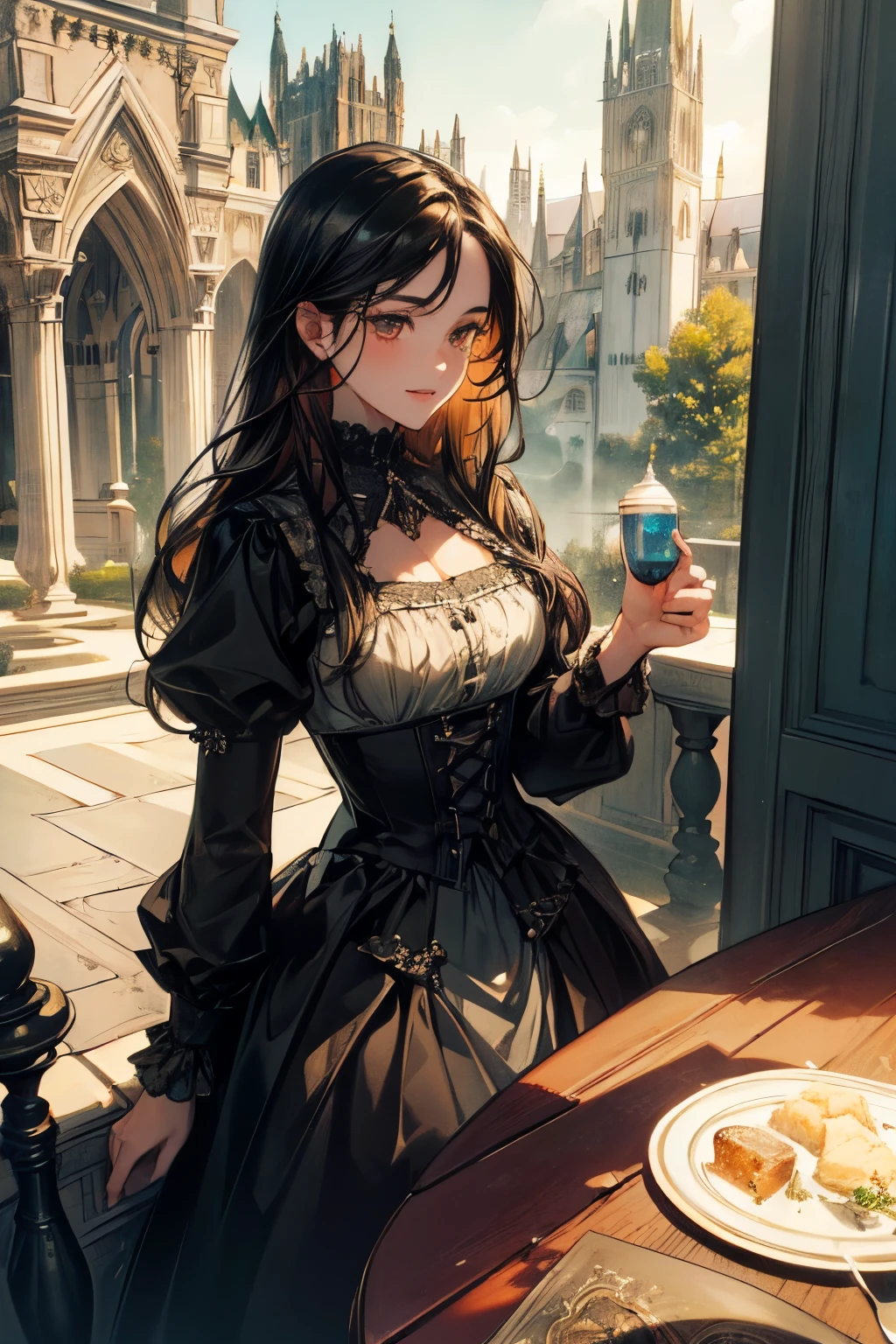((Masterpiece:1.2)), (Best Quality), (Photorealistic, Photorealistic:1.37), (Detailed), (Cute Illustration:1.5), (Very Beautiful female with Very Cute Smile), (Very Beautiful Symmetrical Face), (Very Attractive female), (Strong Highlights in Eyes), (High Resolution), (32K), (Very Detailed), (Beautiful Detailed Eyes), (Official Art), {{Masterpiece, Best Quality, Highly Detailed CG, Uniform 8K high resolution, cinematic lighting}}, (beautiful and aesthetic:1.2), (anatomically normal, 8k, 16k, super detailed, aesthetic), (best Illustration), 8K, 3D, joy, airy clean background, aesthetic atmosphere, muted tones, dramatic studio lighting, high contrast, photorealism, full body, (wearing a gothic long dress), (female with long black hair), orange eyes, creating a vibrant impression, away from the camera, anatomically correct, (Morning: Gothic girlfriend and boyfriend drinking coffee on the terrace of a cafe)
