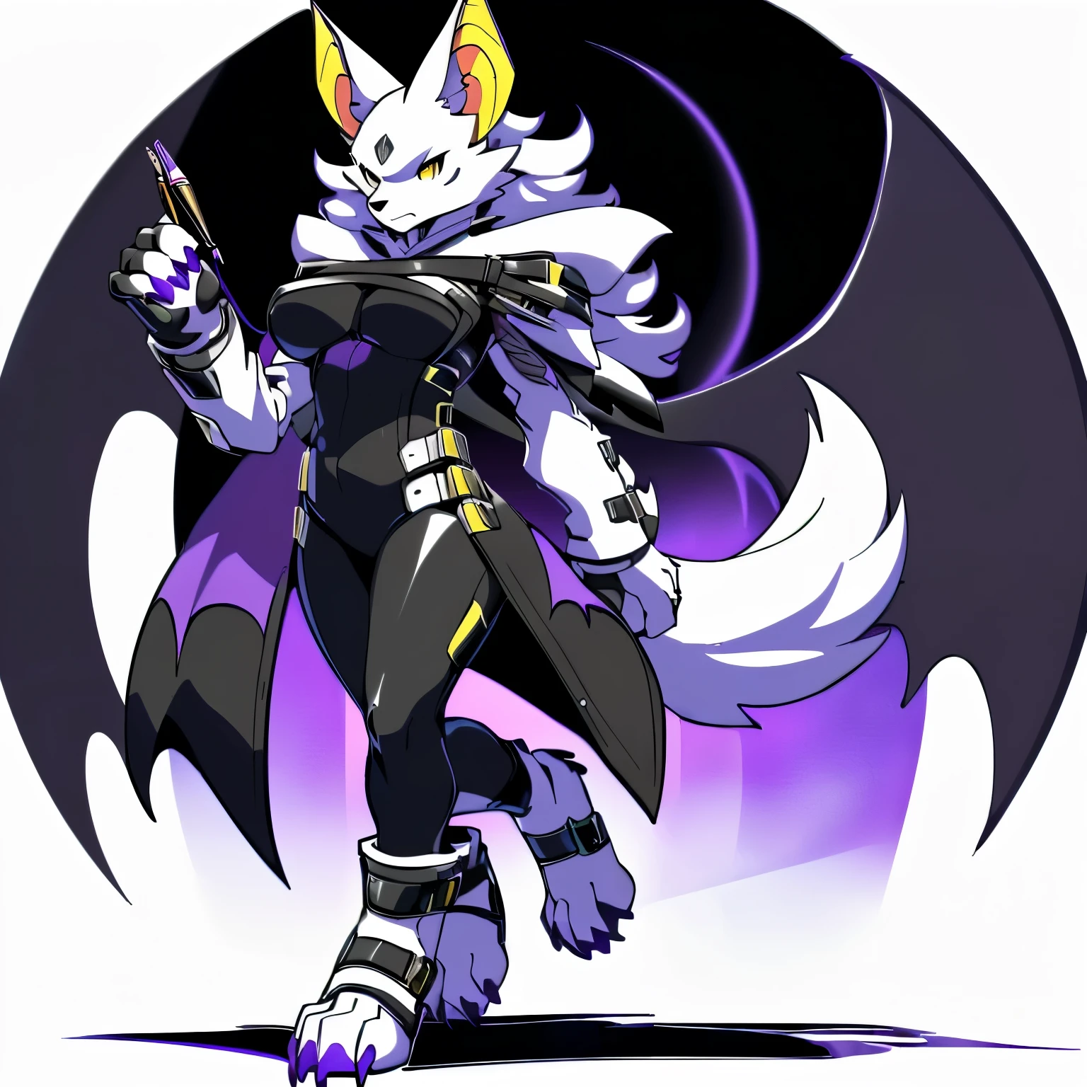 Anime, anime style, ((single person:2)), ((solo drawing:2)), ((solo:2)), ((three-quarter view)), ((Looking to the side)), ((sfw version)), ((female Anthro bat)), ((Tall figure)), ((buxom figure)), ((short white fur)), clawed hands, ((clawed paws)), ((Single Pair of Wings)), ((Huge Bat Wings)), ((Purple and black Bat Wings:1.3)), ((white bat ears)), ((wearing an intimidating outfit that is black and purple)), ((white face)), ((neutral expression)), vivid golden eyes, ((digitigrade legs)), ((digitigrade feet)), ((walking)), solid black background, highly detailed anime style, clean lines, white face, short white muzzle, white furry cheeks, white furry muzzle, ((white foot paws)), ((foot paws with four toes)), ((Claws on paws))