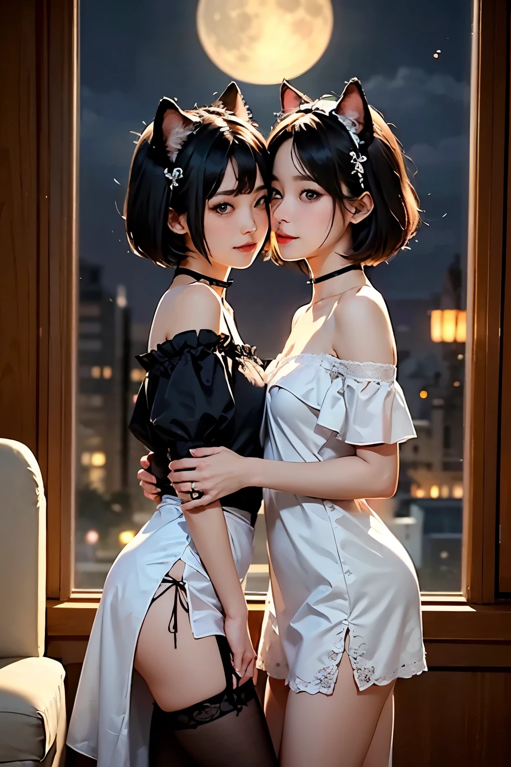 (  two girls)、whole body、( Gothic World Tea Party   :1.2)、(  gothic fashion  :1.2)、(   they are kissing each other   )、 (  It depicts cute faces in detail )、  black hair、  short hair、  semi-long、  bob cut、 Hair bangs、  hair ornament、(Cat ears)、  black cat costume、  White cat costume    、  choker  、(  lingerie)、   off shoulder 、  sexy mini dress、, , charming smile、  small breasts、  soft focus、    cinematic lights   、Soft light、(  indoor、dim、lamp)、(Full moon in the night sky:1.2)、4K Anime Art、(  best quality  , Masterpiece,   high resolution)、