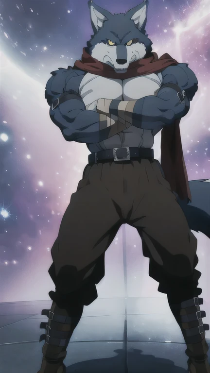 Bergamo _.DB,  posing for the camera , presume. 4k,  High resolution,  the best quality , Posted on E621, only,  anthropogenic body ,  male , ,  male , (Correcting the muscles ,  detailed muscles ,  very muscular, broad chest, pectorals, biceped:1.1),  correct anatomy ,  correct proportions, Anatomy of the Taran ,, (Space clouds, galaxy, stars:1.0), (by WFA, por taran fiddler:1.0), (by black:0.8), (shaded cell:1.2), Cartoon shading, trusted, strong, (Long Wolf Tail:1.0), (pantalones, belt:1.1), ( medium black:1.2), (Detailed Bergamo _Eyes of .DB:1.1), pose strong,  looking at the camera , scarf, pose strong,  bare chest intense colors,  yellow eyes ,  fluffy wolf tail  , crouching posture,  squatting posture , open legs