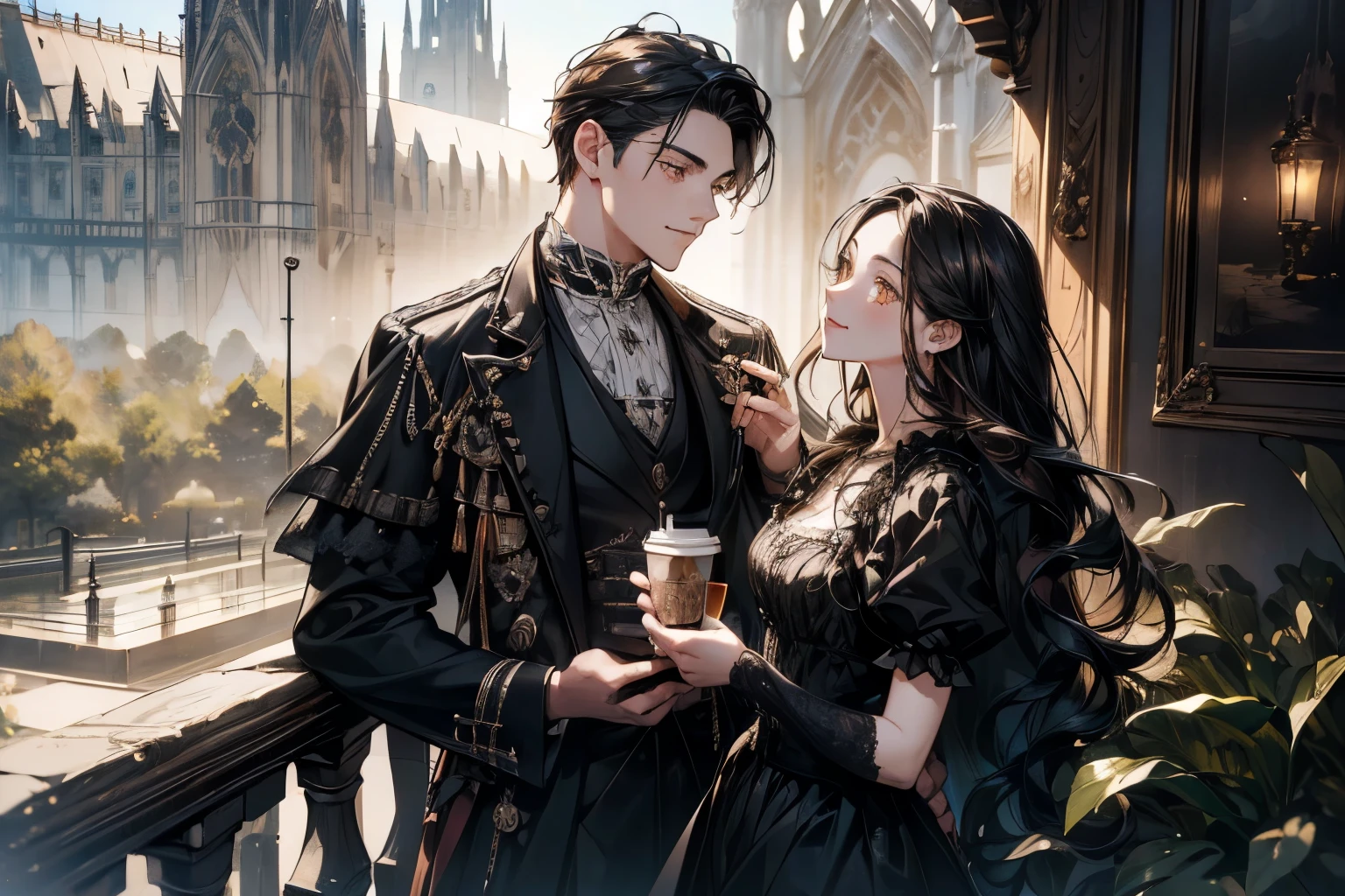 ((Masterpiece:1.2)), (Best Quality), (Photorealistic, Photorealistic:1.37), (Detailed), (Cute Illustration:1.5), (Very Beautiful female with Very Cute Smile), (Very Beautiful Symmetrical Face), (Very Attractive female), (Strong Highlights in Eyes), (High Resolution), (32K), (Very Detailed), (Beautiful Detailed Eyes), (Official Art), {{Masterpiece, Best Quality, Highly Detailed CG, Uniform 8K high resolution, cinematic lighting}}, (beautiful and aesthetic:1.2), (anatomically normal, 8k, 16k, super detailed, aesthetic), (best Illustration), 8K, 3D, joy, airy clean background, aesthetic atmosphere, muted tones, dramatic studio lighting, high contrast, photorealism, full body, (wearing a gothic long dress), (female with long black hair), orange eyes, creating a vibrant impression, away from the camera, anatomically correct, (Morning: Gothic girlfriend and boyfriend drinking coffee on the terrace of a cafe)