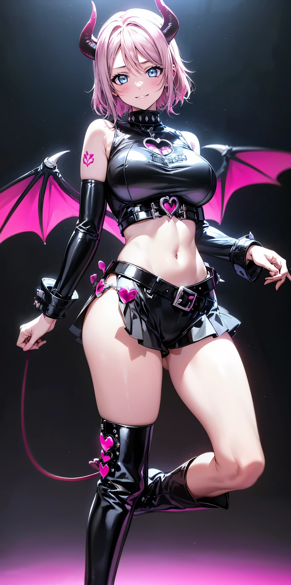 The corners are black、Female Devil、short blonde hair、bat wings、pink underwear、The background is the wilderness at night