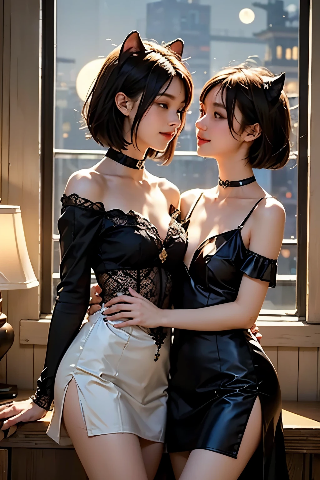 (  two girls)、whole body、( Gothic World Tea Party   :1.2)、(  gothic fashion  :1.2)、(   they are kissing each other   )、 (  It depicts cute faces in detail )、  black hair、  short hair、  semi-long、  bob cut、 Hair bangs、  hair ornament、(Cat ears)、  black cat costume、  White cat costume    、  choker  、(  lingerie)、   off shoulder 、  sexy mini dress、, , charming smile、  small breasts、  soft focus、    cinematic lights   、Soft light、(  indoor、dim、lamp)、(Full moon in the night sky:1.2)、4K Anime Art、(  best quality  , Masterpiece,   high resolution)、