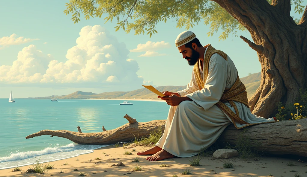 middle eastern man ,reading a scroll ,the right is day ,the left is night ,a tree with shiny fruits in the background