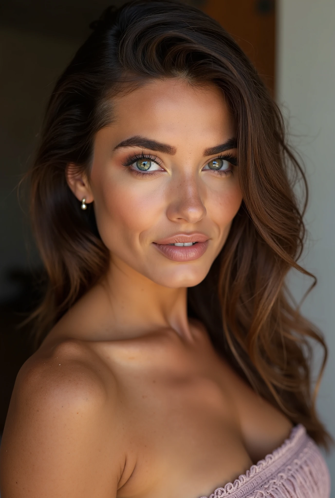 A beautiful model, instagram influencer, stunning portrait of a young woman with long, flowing light brown hair, striking blue eyes, and flawless makeup. She wears a sleek pink V-neck outfit, standing outdoors with a blurred natural background. The image captures a sophisticated and elegant vibe, highlighting her radiant beauty with a soft, natural light, giving a serene and poised expression. Ultra-realistic, with high detail in her facial features and hair texture.