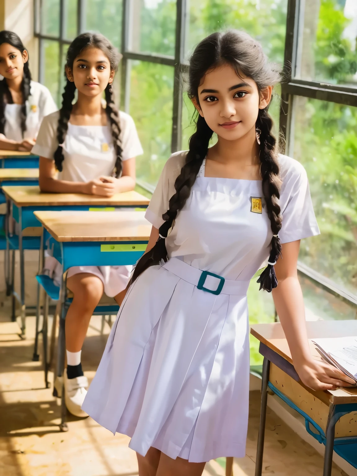 Raw photo, beautiful sri lanka teen school girl, with twin braids hair, wearing white frock , black shoes, white socks, big breasts , standing in the classroom, professional photographer, (hdr:1.4), masterpiece, ultra-realistic 8k, perfect artwork, intricate details, cute face, award winning photograph, (Best quality, 8k, 32k, Masterpiece, UHD:1.3)