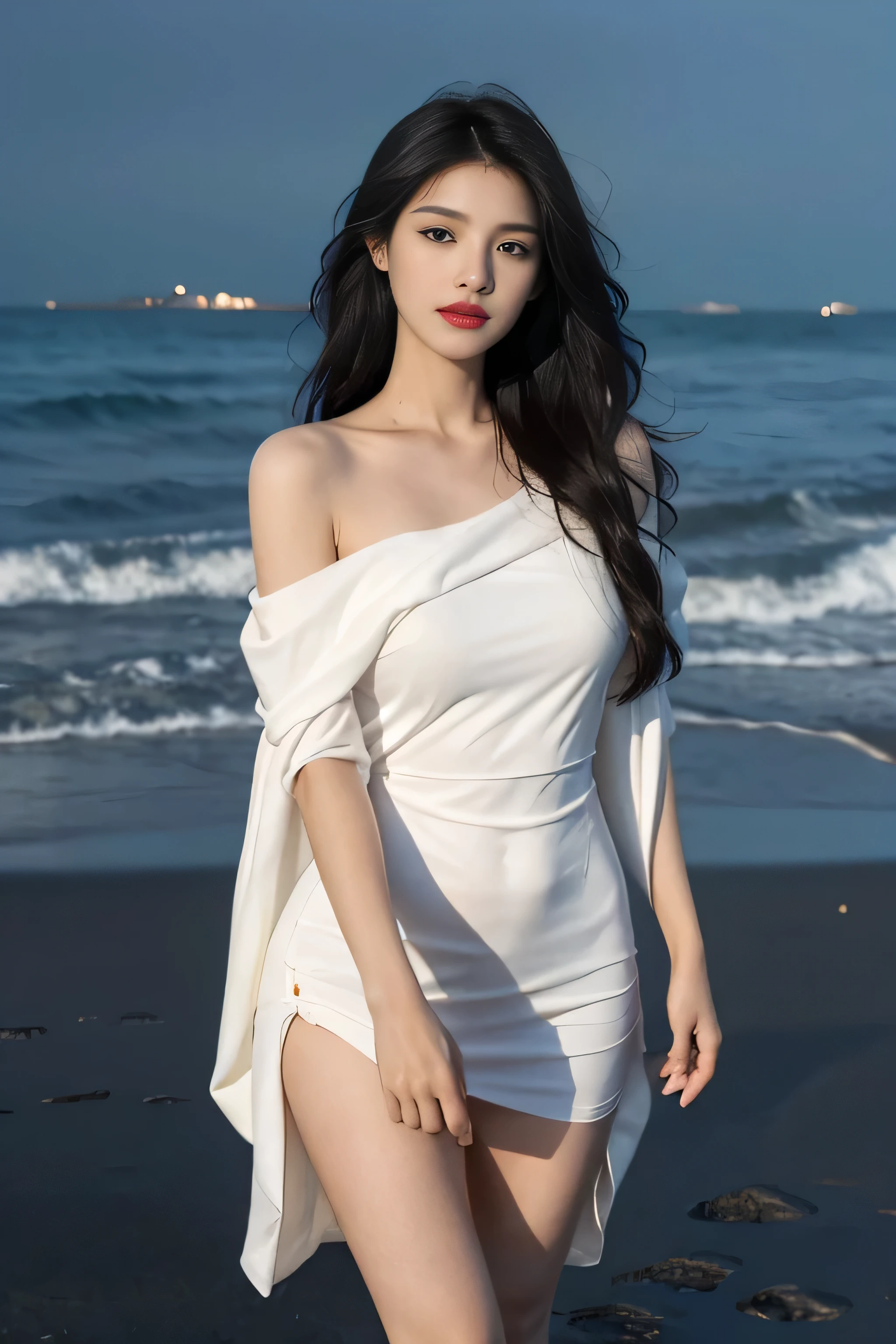 standing on your feet,High picture quality,Works of masters,Kizi,Black hair,Long hair shawl,Long hair flowing over the shoulders,cropped shoulders,clavicle,exquisite face,Hydrated red lips,white dresses,clavicle,facing at camera,Single photo,Hosiery,A sad expression,Bust,Real Persono,(the sea,sandbeach),CG rendering,16k,Lie down in bed,Place your hands behind your head,looks into camera,The night view was beautifud parting,hyper HD,The details were perfect,The picture is real,Extreme picture quality,Highest accuracy,8K resolution,Shades of darkness,8K, Yes ,Ultra HD,8K