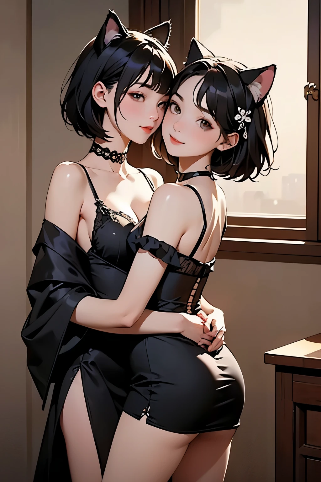 (  two girls)、whole body、( Gothic World Tea Party   :1.2)、(  gothic fashion  :1.2)、(   they are kissing each other   )、 (  It depicts cute faces in detail )、  black hair、  short hair、  semi-long、  bob cut、 Hair bangs、  hair ornament、(Cat ears)、  black cat costume、  White cat costume    、  choker  、(  lingerie)、   off shoulder 、  sexy mini dress、, , charming smile、  small breasts、  soft focus、    cinematic lights   、Soft light、(  indoor、dim、lamp)、(Full moon in the night sky:1.2)、4K Anime Art、(  best quality  , Masterpiece,   high resolution)、