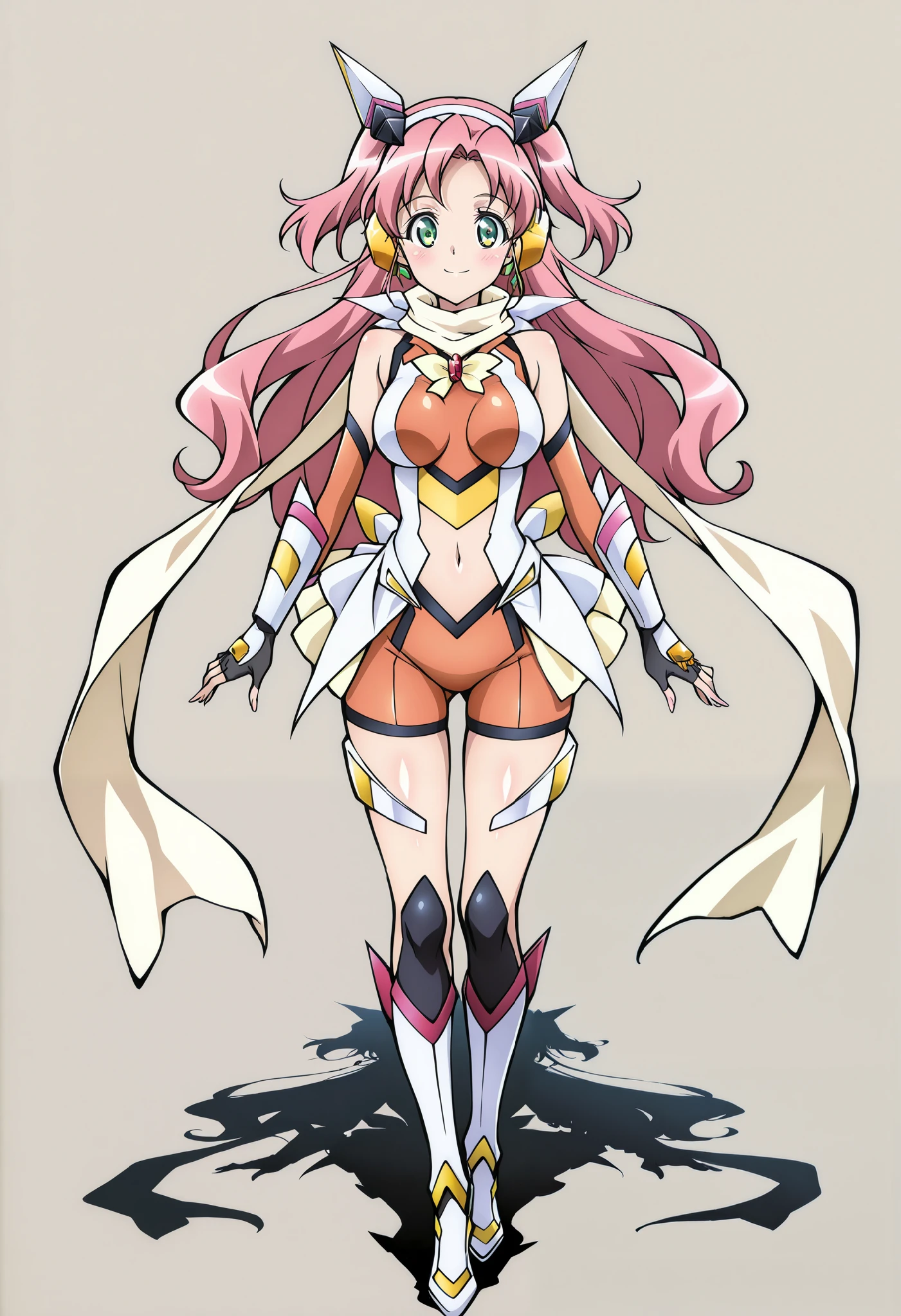 absurd, (absurd_resolution), masterpiece, best quality, (best illustration), (best shadow), ultra-High resolution, score_9, score_8_up, score_7_up, BREAK source_anime, 1girl, solo, perfect body, shiny skin, perfect eyes, full body, detail1eye, well-defined fingers, well-defined fingernails, anime style, (portrait:1.5), looking at viewer, facing viewer, smile, blush, curegrace, scarf, headgear, navel, headphones, bodysuit, medium breasts, gauntlets,, hair ornament,