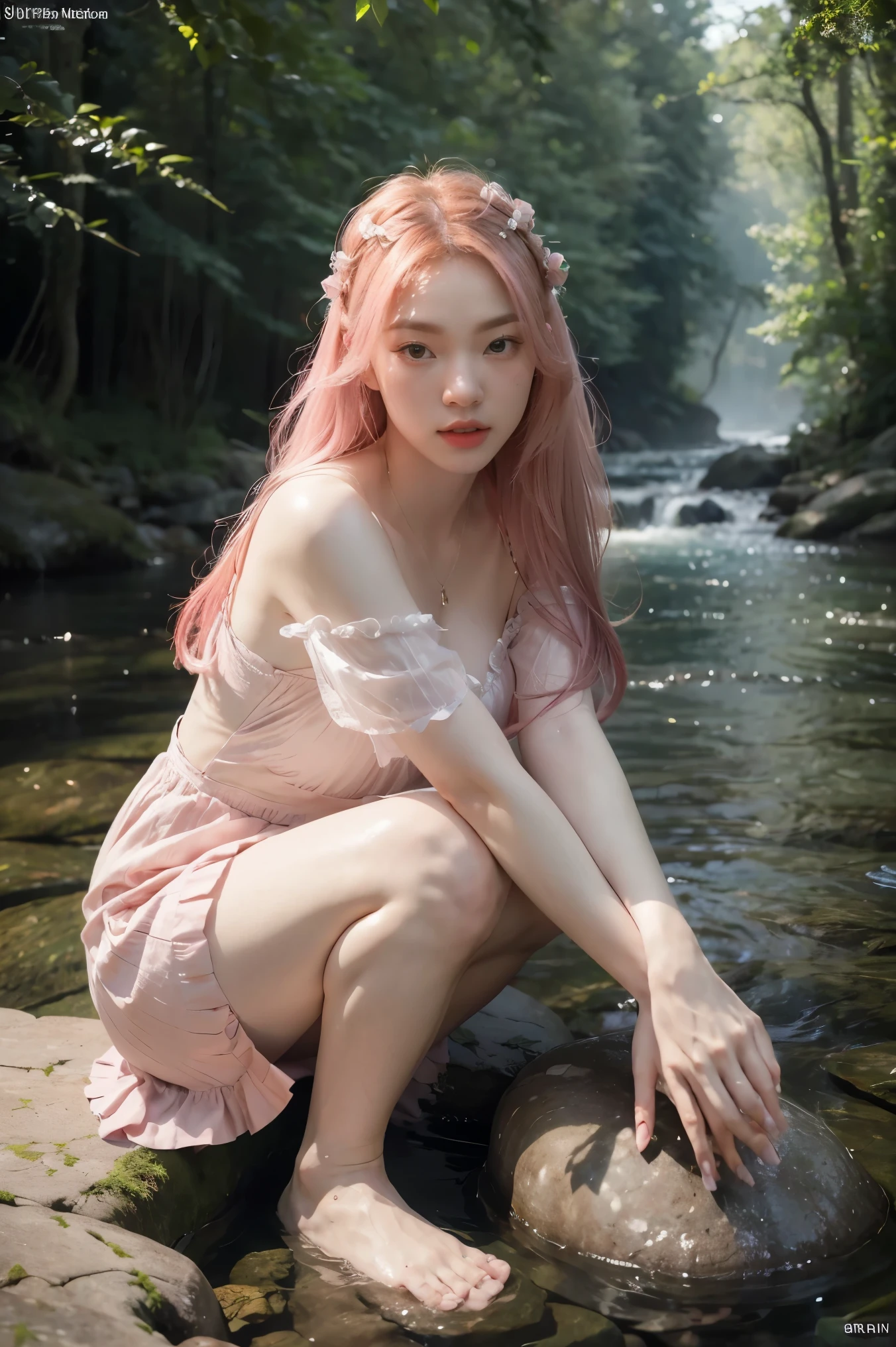 Rose from blackpink, pink hair, (full body), wearing medieval long cotton nightie clothes, sitting on a rock, feet in the water, Drenched hair, The background is a forest, sunset, (masterpiece, best quality, award winning, highres), skinny, intricate and beautiful design, highly detailed beautiful face, super detailed beautiful eyes, light smile, sitting near stream, forest, leaves flow, windy, sun lights through forest, fantasy art, dynamic lighting, cinematic lighting, hyper realistic, extremely CG detail, octane render, (artistic + masterpiece:1.4), (incredibly detailed eyes), (8k, Photorealistic, Photo RAW, Best quality: 1.4), (UHD), (Ultra high realism), (Ultra high definition), (Ultra high detail), (Realistic face), Beautiful hairstyle, Realistic bright amber eyes, Beautiful details, (Realistic skin), Pale, smooth and luminous skin with iridescent shine and no imperfections, Ultra high definition, Ultra realistic, Highly detailed, (Cleavage: 0.8)