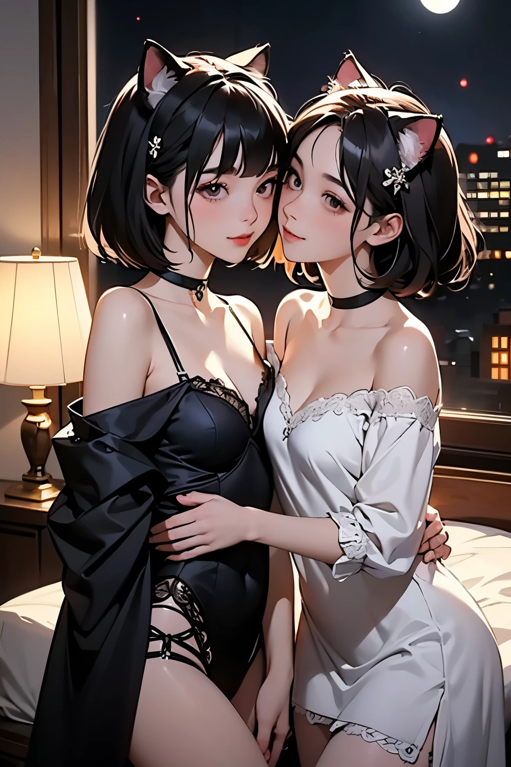 ( two girls)、whole body、( Gothic World Tea Party :1.2)、( gothic fashion :1.2)、( they are kissing each other )、 ( It depicts cute faces in detail )、 black hair、 short hair、 semi-long、 bob cut、 Hair bangs、 hair ornament、(Cat ears)、 black cat costume、 White cat costume 、 choker 、( lingerie)、 off shoulder 、 sexy mini dress、, , charming smile、 small breasts、 soft focus、 cinematic lights 、Soft light、( indoor、dim、lamp)、(Full moon in the night sky:1.2)、4K Anime Art、( best quality , Masterpiece, high resolution)、