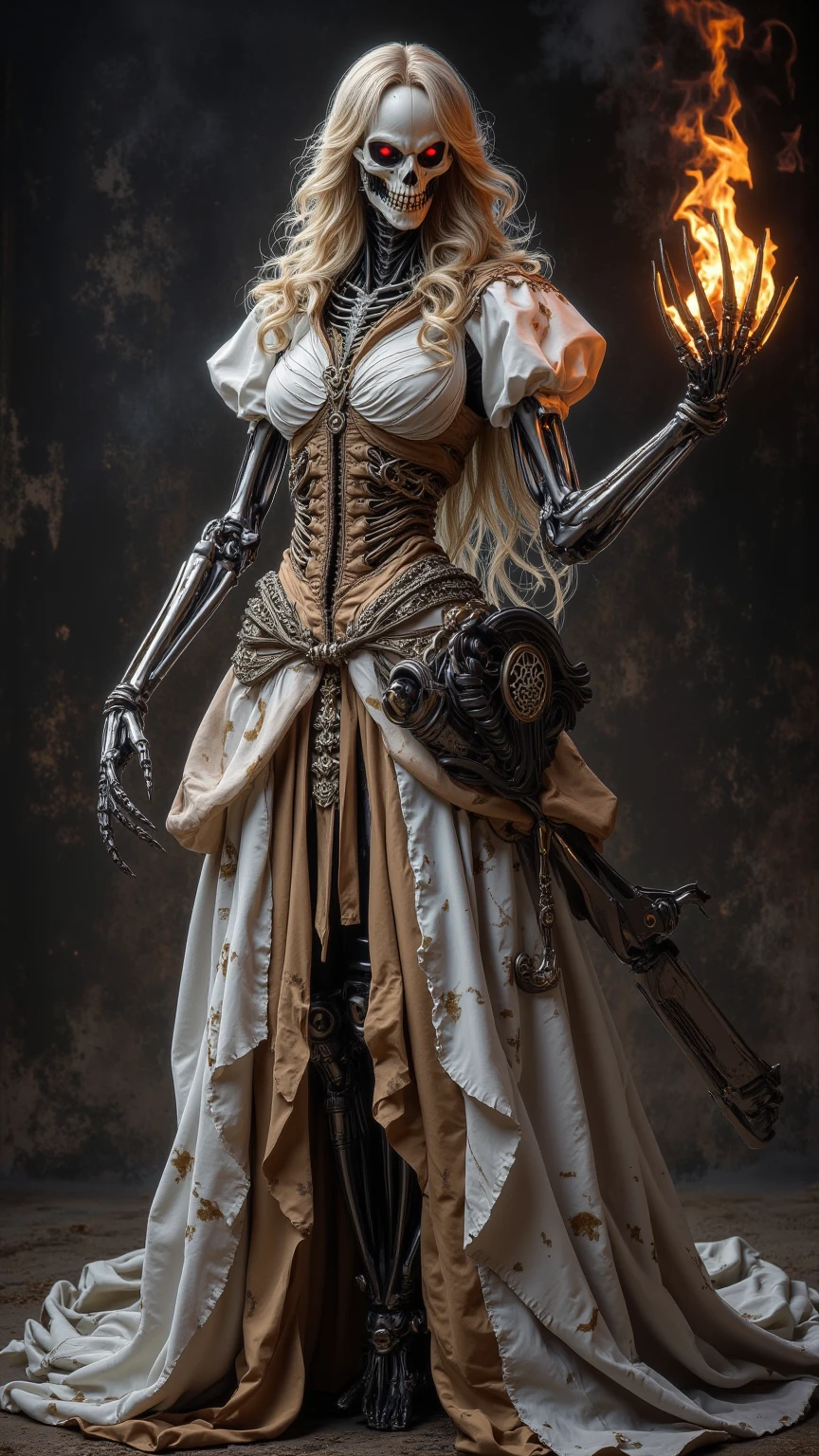 face_portrait, crude, mechanical, adult_female, white, evil, sinister, evil_smile, bewildered_eyes, mechanical_eyes, white_colored_robes, bloodstained_robes, nun_habit wires_through_face, wires_in_head, wires_across_head, stitches_across_face, mechanical_arms