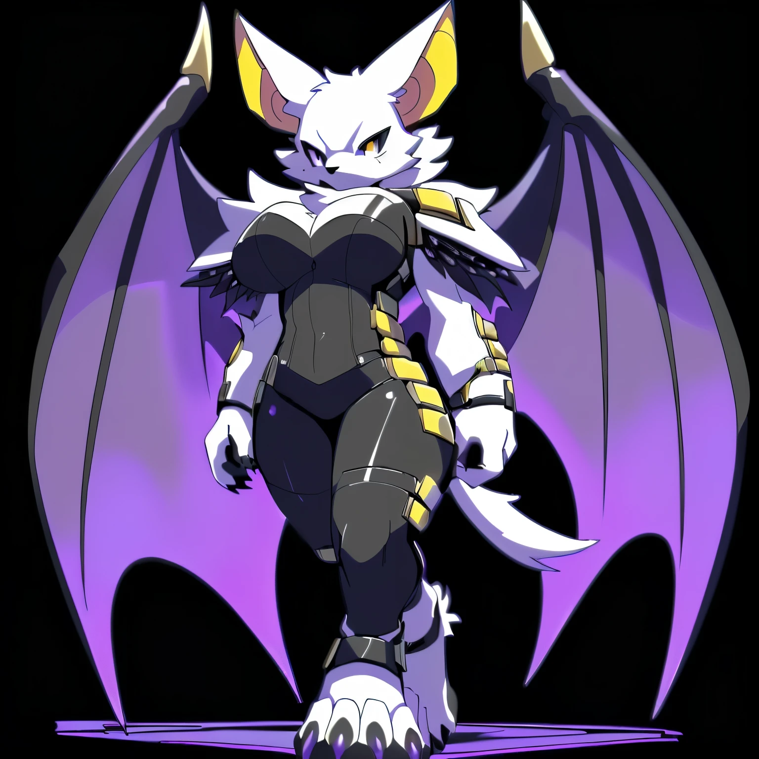 Anime, anime style, ((single person:2)), ((solo drawing:2)), ((solo:2)), ((three-quarter view)), ((Looking to the side)), ((sfw version)), ((female Anthro bat)), ((Tall figure)), ((buxom figure)), ((short white fur)), clawed hands, ((clawed paws)), ((Single Pair of Wings)), ((Huge Bat Wings)), ((Purple and black Bat Wings:1.3)), ((white bat ears)), ((wearing an intimidating outfit that is black and purple)), ((white face)), ((neutral expression)), vivid golden eyes, ((digitigrade legs)), ((digitigrade feet)), ((walking)), solid black background, highly detailed anime style, clean lines, white face, short white muzzle, white furry cheeks, white furry muzzle, ((white foot paws)), ((foot paws with four toes)), ((Claws on paws))
