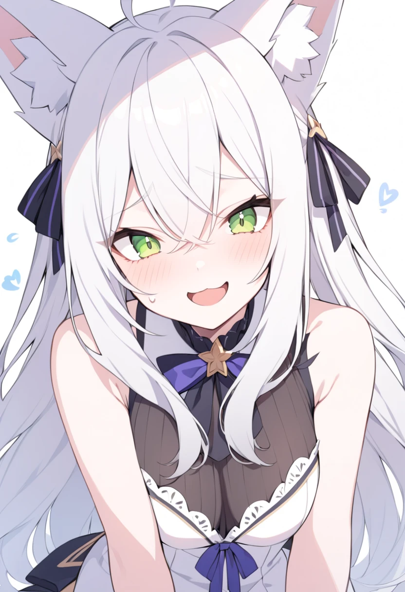 masterpiece, best quality, very aesthetic, absurdres, 1girl, lappland\(arknights), arknights, looking at viewer, upper body, hairclip, bangs, eyebrows, aqua eyes, scar across eye, wolf ears, medium breasts, alternate costume, playboy bunny, fake animal ears, blowing kiss, one eye closed, smirk, indoors