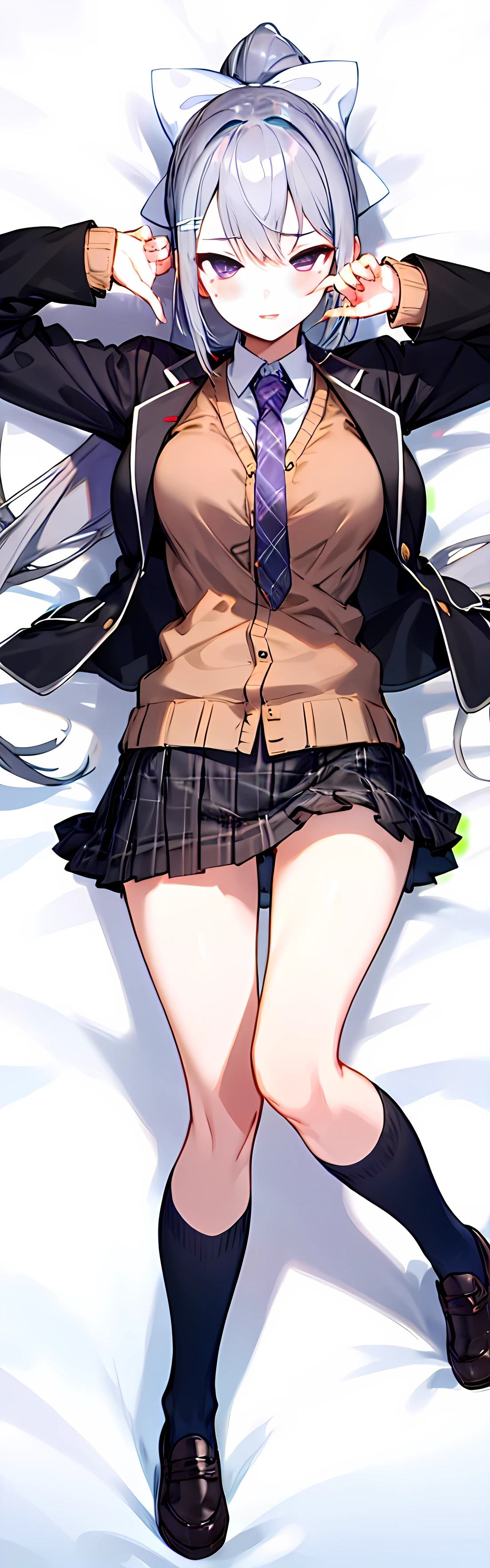 Lay flat俯视masterpiece,  Best Quality ,  high resolution, Higuchi Kaede,   1girl  ,  virtual YouTuber ,  Alone , long hair, Fundus nevi, skirt, tie, jacket,  purple eyes , [sock, ponytail, hair accessories,  Suit Jacket, very long hair, purple tie, pleated skirt, white [sock, hairpin,  Open clothes ,  Cardigan , School, knee socks, gray hair, black jacket, shirt, collared shirt, grids, open jacket, bangs, grids skirt,  miniskirt , vertical painting, white shirt,  Long Sleeve, grey skirt, sexy plump breasts, grids tie, Limb stretching， sexy pose，（（（Visible throughout the body）））），（（（Lay flat））），（（  She lies on a soft bed ， and hugs her whole body Pattern Rendering,））  Drawn to the smallest detail  ,  Ultra realistic 8K image quality , exquisite lighting,  super shader ,  Best Quality , masterpiece
