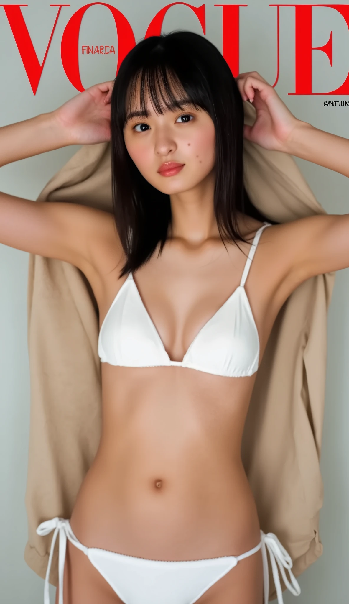 Magazine front cover " VOGUE" written in middle Red decoration letters at the upon the screen Front pose, standing pose, head hold pose, Front view, cowboy, nice armpit, Aiko, Japanese girl, long straight hair, brunette, serious, pale skin, white pink bikini, micro bikini, cheerful
She is standing with head hold pose gracefully inside a traditional Japanese room, featuring tatami flooring commonly used for sitting in the Japanese style. The room is decorated with subtle Japanese elements, such as shoji screens and minimalistic furnishings, creating an authentic and serene atmosphere, japanese traditional
(super detail, high details, high quality, accurate, anatomically correct, textured skin, beautiful fingers super detail, high details, high quality, best quality, huge cleavage, sexy), magazine look cover, luxury cover magazine, huge tits, sexy body, skinny, long straight hair, brunette, HD, realistic, magazine cover look, model pose, ultra realistic, blown wind effect, tan skin, innocent face, magazine cover look, detailing Magazine front cover " Vogue " written in middle Red decoration letters at the upon the screen Front pose, Create a precise "Vogue"' font, precision font magazines, skinny boobs, nice detailing finger, head hold pose, lightning, nice view, pretty, gravure, cute face, near view, cleavage, head hold pose, tying her hair, stand pose, nice view, full body pose, sexy pose