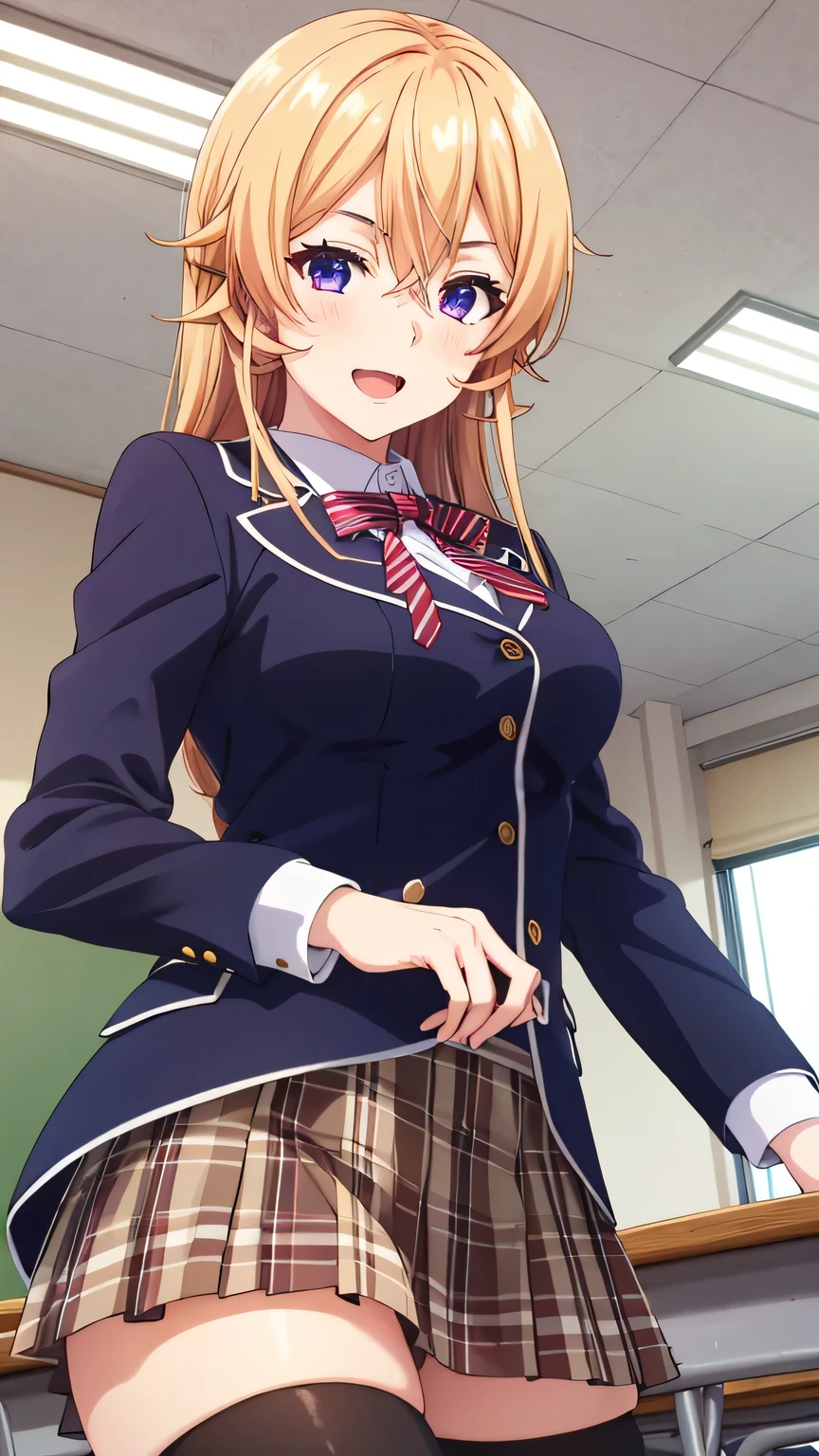 {{{masterpiece}}}, (best quality:1.5), (ultra-detailed:1.5), {illustration}, {{an extremely delicate and beautiful}}, (beautiful detailed eyes:1.6), absurdres, highres, extremely detailed face, 16k, hd, visual anime de uma jovem mulher, extremamente bonito rosto de anime, anime melhor garota, (perfect hands, perfect anatomy), anime face, Erina Nakiri(Food Wars!), 1girl, solo, cute face, long hair, blonde hair, (purple eyes:1.1), hair between eyes, medium breasts, big hips, curvaceous, BREAK, {school uniform}, blazer, dark blue jacket, long sleeve, (close jacket:1.3), tuck out, white shirt, collared shirt, striped tie, red ribbon tie, pleated skirt, plaid skirt, brown mini skirt, (black thighhighs:1.3), thighs, zettai ryouiki, BREAK,1girl, cowboy shot, open mouth, kyoushitsu, classroom, indoors, school chair, school desk, chalkboard, window, ceiling light, curtains, smiling, peer in from below, looking at viewer, daytime, flushed cheeks