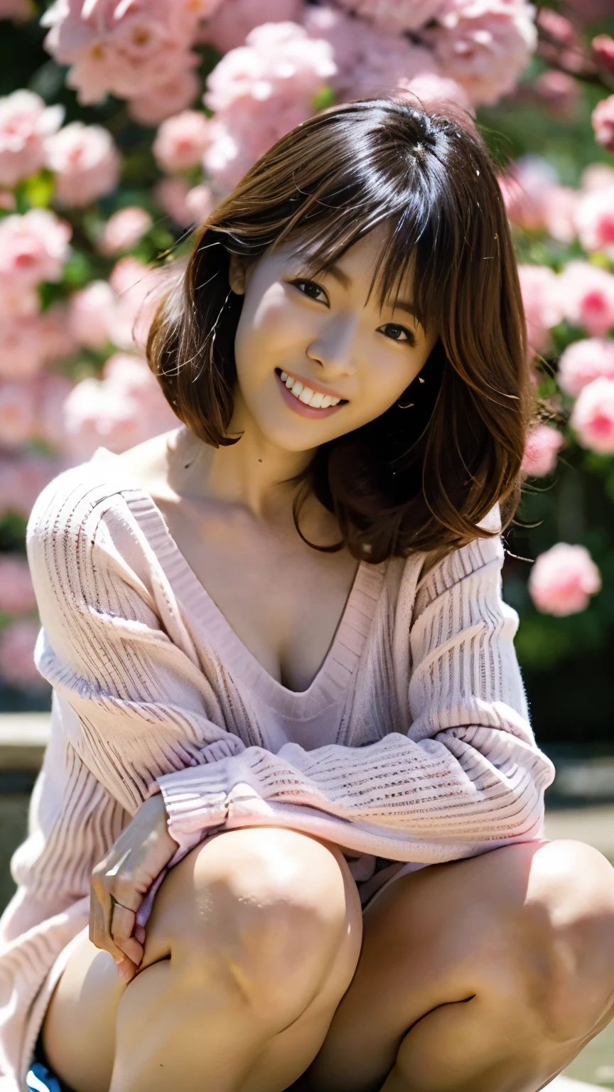 (((Perfect Anatomy))),((Ulzan 6500)),Highest quality,Very detailed,masterpiece,Very detailedな,In front of plum blossoms in full bloom、Squatting pose on knees with arms folded.,A low frontal angle showing underwear,超High resolution,(Realistic:1.4,8k),Under the dazzling morning sun、Posing with chin tucked in at a park with plum blossoms in full bloom.,20-year-old woman looks beautiful just by squatting,slim, Muscular, Big hips are attractive.,((Perfect size red knit V-neck long sleeve mini skirt dress is the best match.)),Raised eyebrows and corners of the mouth、very adorable smile,A proud chestnut-colored short bob,High nose and chiseled face,Elegant appearance,Dynamic full-body portrait,Magic lighting,Bright colors,Melt the background with deep depth of field using Hasselblad,(Highest quality,4K,8k,High resolution,masterpiece:1.2),(Realistic,Realistic:1.37),