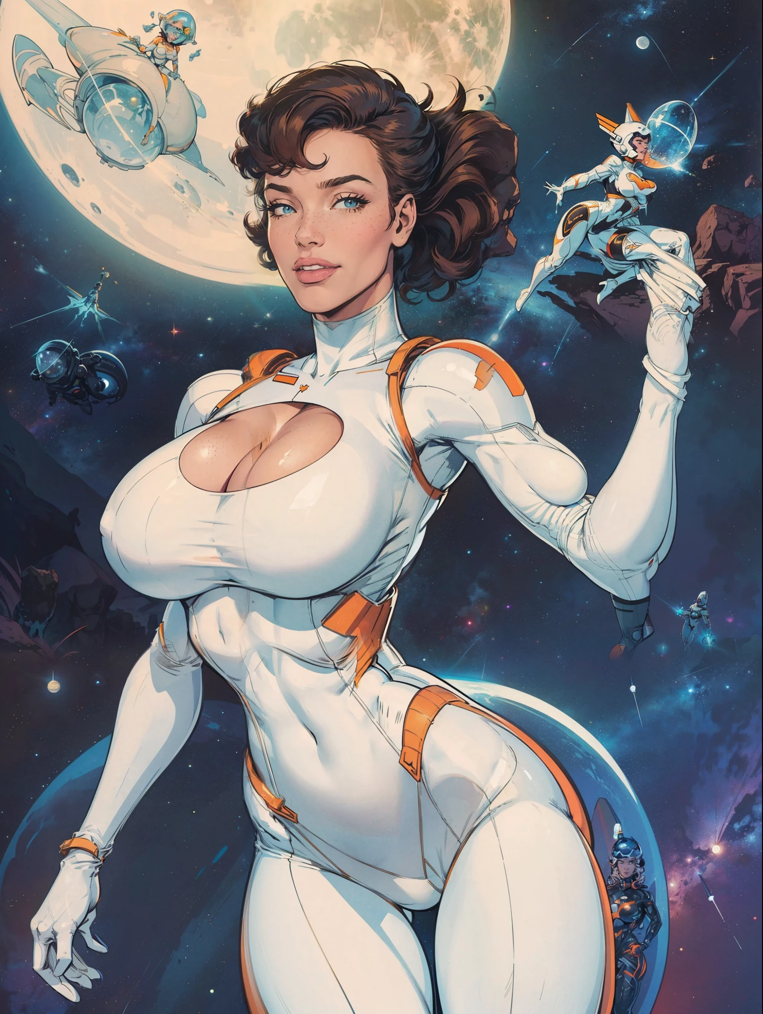 (masterpiece, top quality, best quality, official art, Very detailed, beautiful Spanish woman, The erotic seductress Krista Allen, beautiful and aesthetic:1.2), (1girl:1.3), shiny skin, extremely detailed, portrait, looking at viewer, solo, (full body:0.6), detailed background, close up, (bright space pinup theme:1.1), busty pinup brunette space girl, sexy girl, sensual, charlatan, smiling, happy, mysterious, spacewalk, sexy tight modest attire, white and orange space suit, spacesuit, helmet, bodysuit, ray gun, long boots, pouches, jetpack, glass helmet, rocket ship, ((((narrow hips, slim sexy body, slender, busty, gigantic breasts, perky tits)))), slim waist, perfect hips, booty, long legs, futuristic (moon exterior:1.1) background, dark mysterious lighting, shadows, magical atmosphere, dutch angle,