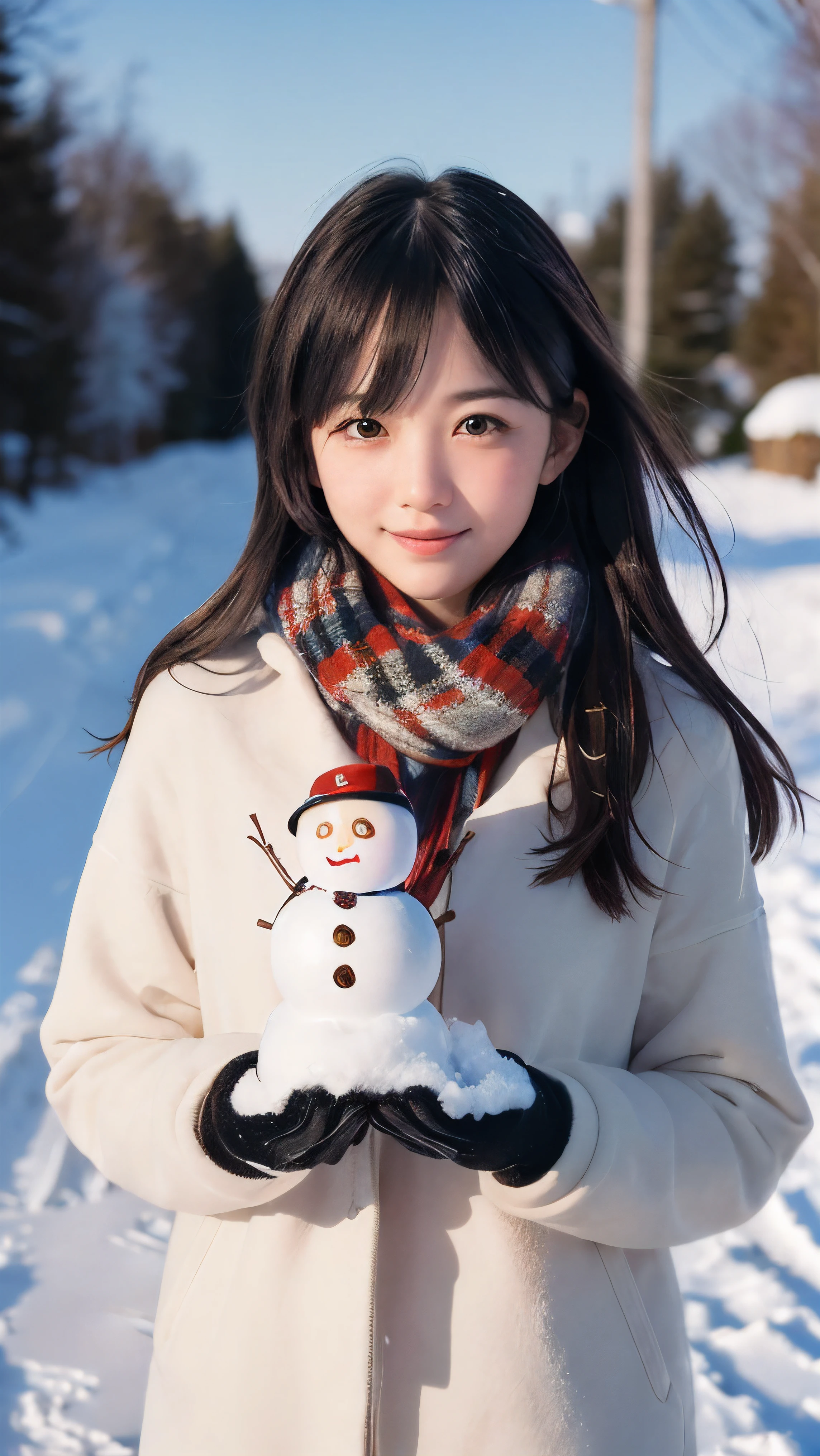 Top Quality, Ultra High Definition, (Photorealistic: 1.4), 1 Girl, Bikini, (ulzzang-6500:1.0), (style-keta: 0.8), Portrait of a cute petite at 15 yautiful Japan girls at 15 years old, teuntain, nice b POV, (Snowfall: 1.331), (Beautiful detailed night sky: 1.331), ( Scattered luminescence: 1.331), elaborate CG 8K wallpaper, low camera position, (from the viewer's perspective: 1.331), snowman, hand raised, smile
