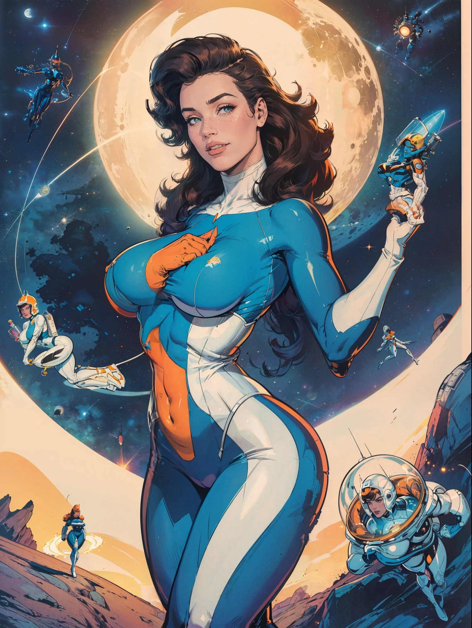 (masterpiece, top quality, best quality, official art, beautiful and aesthetic:1.2), (1girl:1.3), light freckles, fair skin, extremely detailed, portrait, looking at viewer, solo, (full body:0.6), detailed background, close up, (bright space pinup theme:1.1), busty 1950's pinup brunette space girl, charlatan, smiling, happy, mysterious, spacewalk, modest attire, white and orange space suit, spacesuit, helmet, bodysuit, ray gun, long boots, pouches, jetpack, glass helmet, rocket ship, ((((narrow hips, slim sexy body, gigantic breasts)))), slim waist, slim hips, long legs, futuristic (moon exterior:1.1) background, dark mysterious lighting, shadows, magical atmosphere, dutch angle,