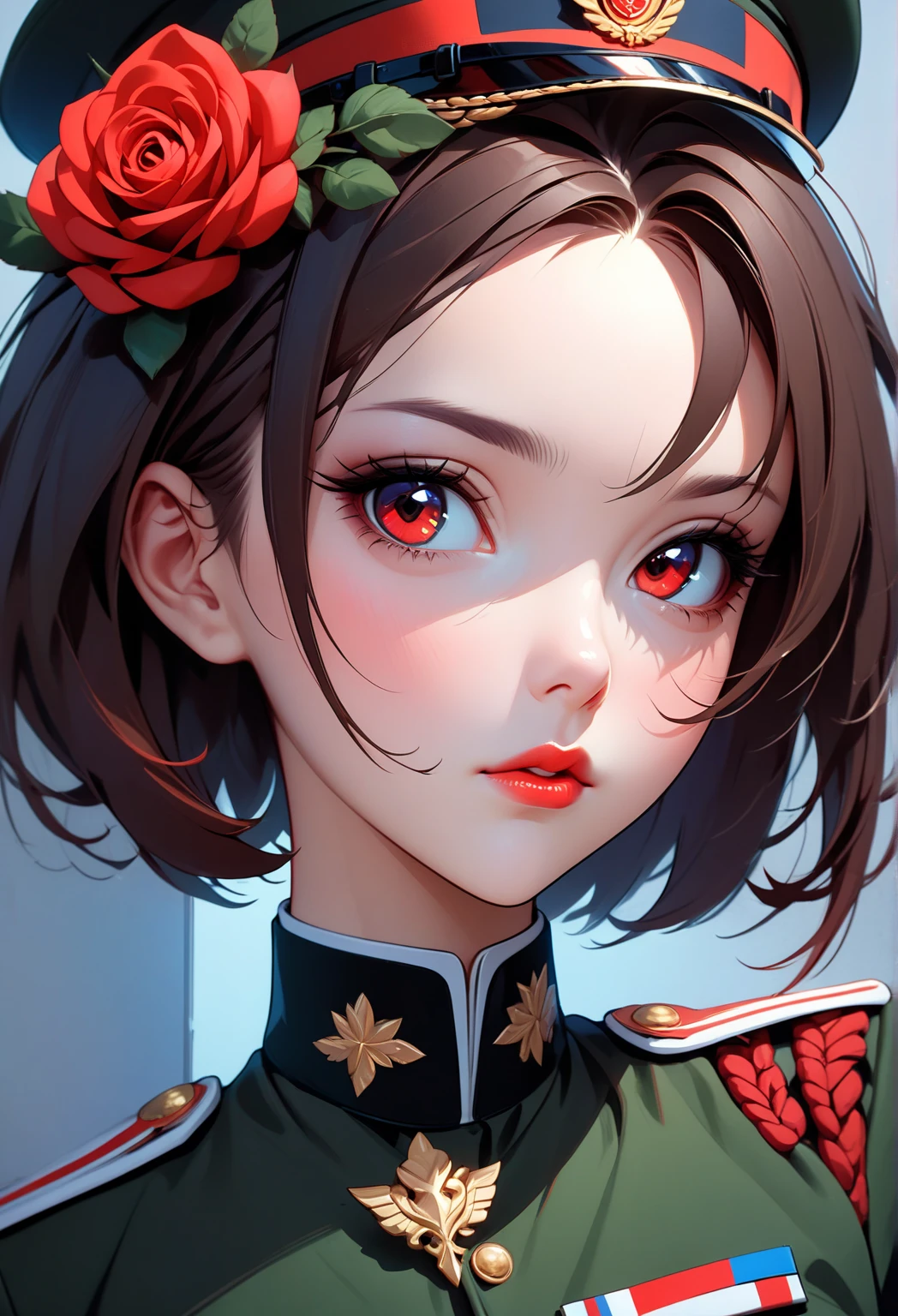  Close-up of a woman in military uniform，A red rose on her chest ,  Ilya Kuvshinov . 4K,  Inspired by Yanjun Cheng ,  Ilya Kuvshinov's Digital Art,  Inspired by guweiz  , Portrait of Rossdraws, Ilya Kuvshinov style , ArtStyle :  Ilya Kuvshinov 